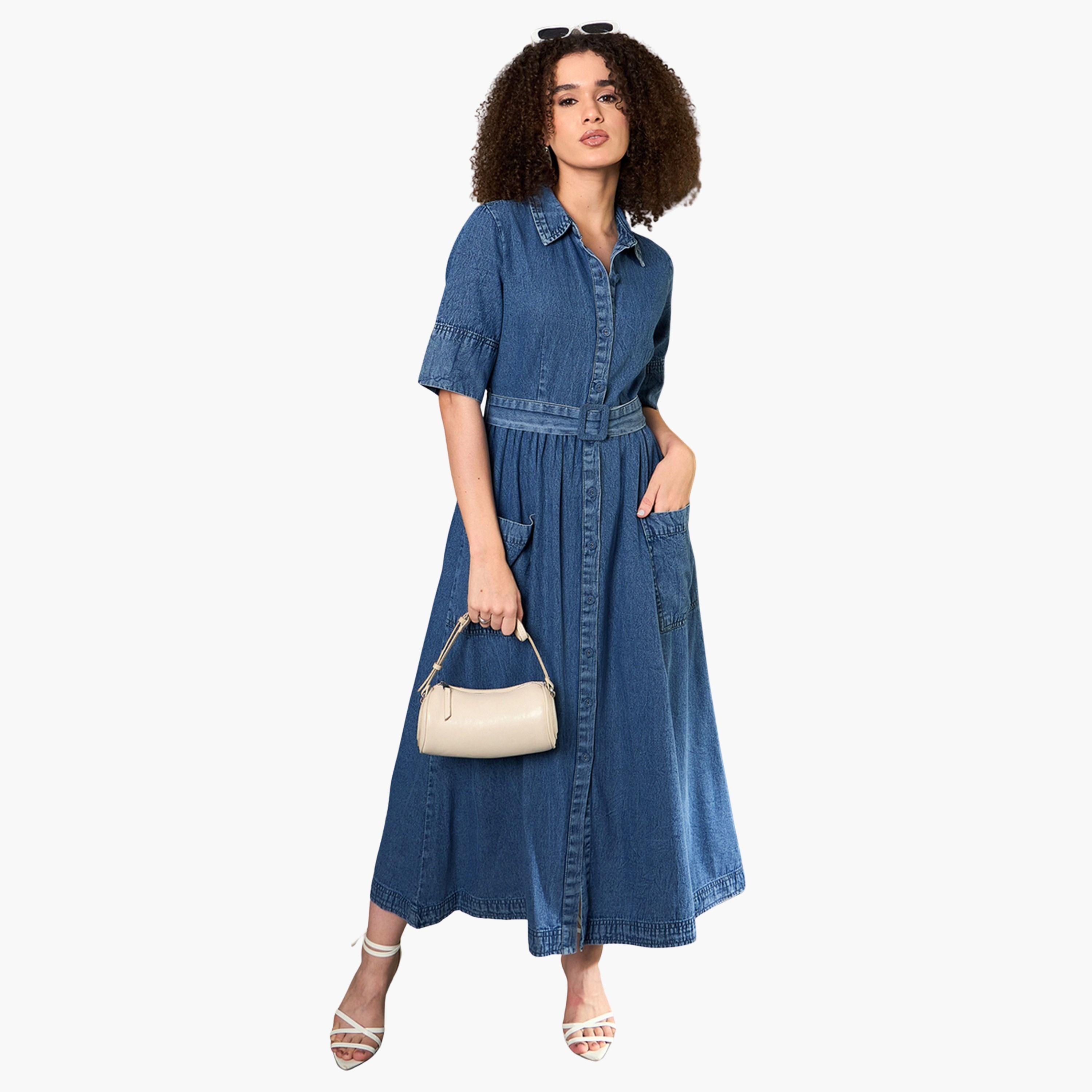Sassafras Blue Denim Buttoned A-Line Maxi Dress:-women-clothing-dresses-image-1