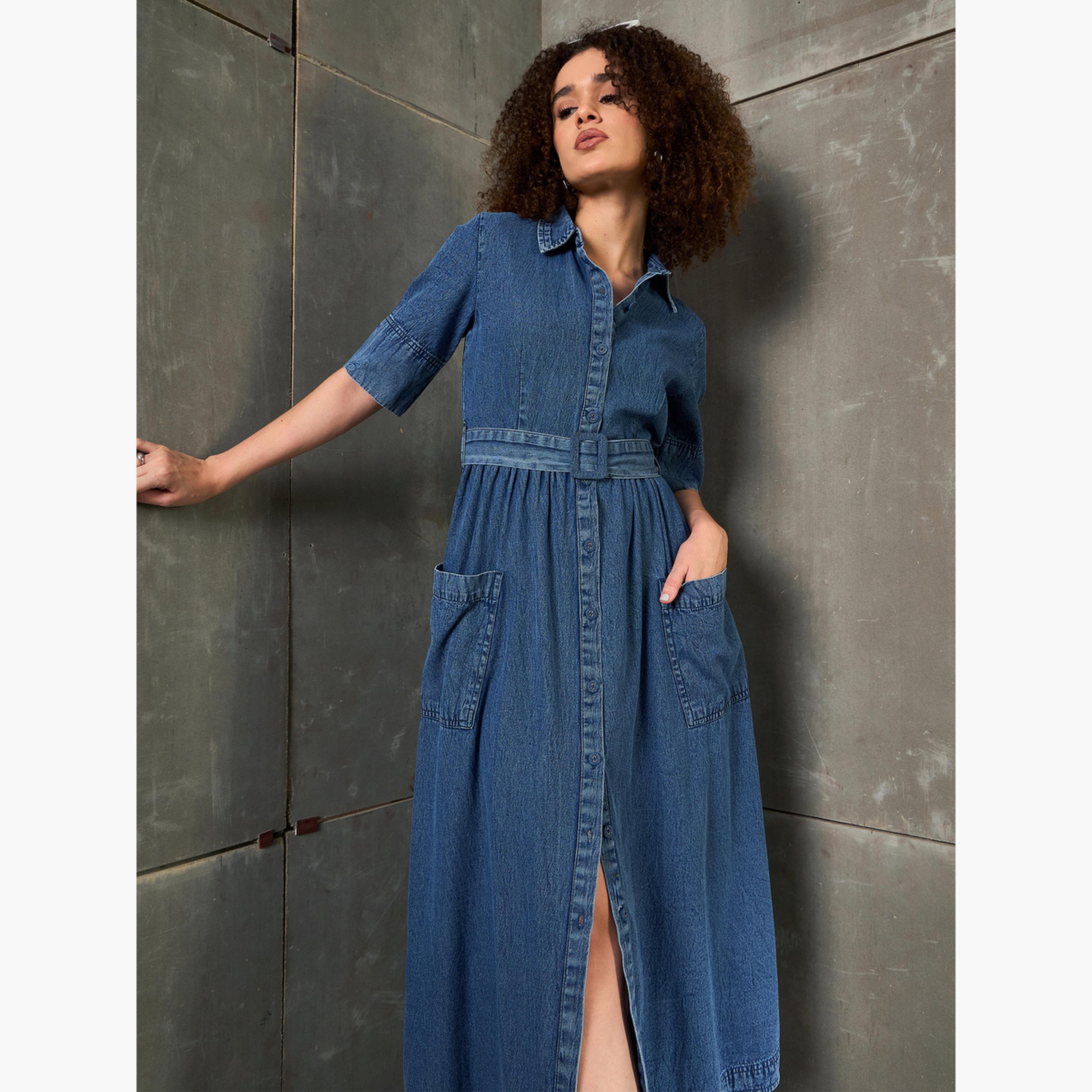 Sassafras Blue Denim Buttoned A-Line Maxi Dress:-women-clothing-dresses-image-2