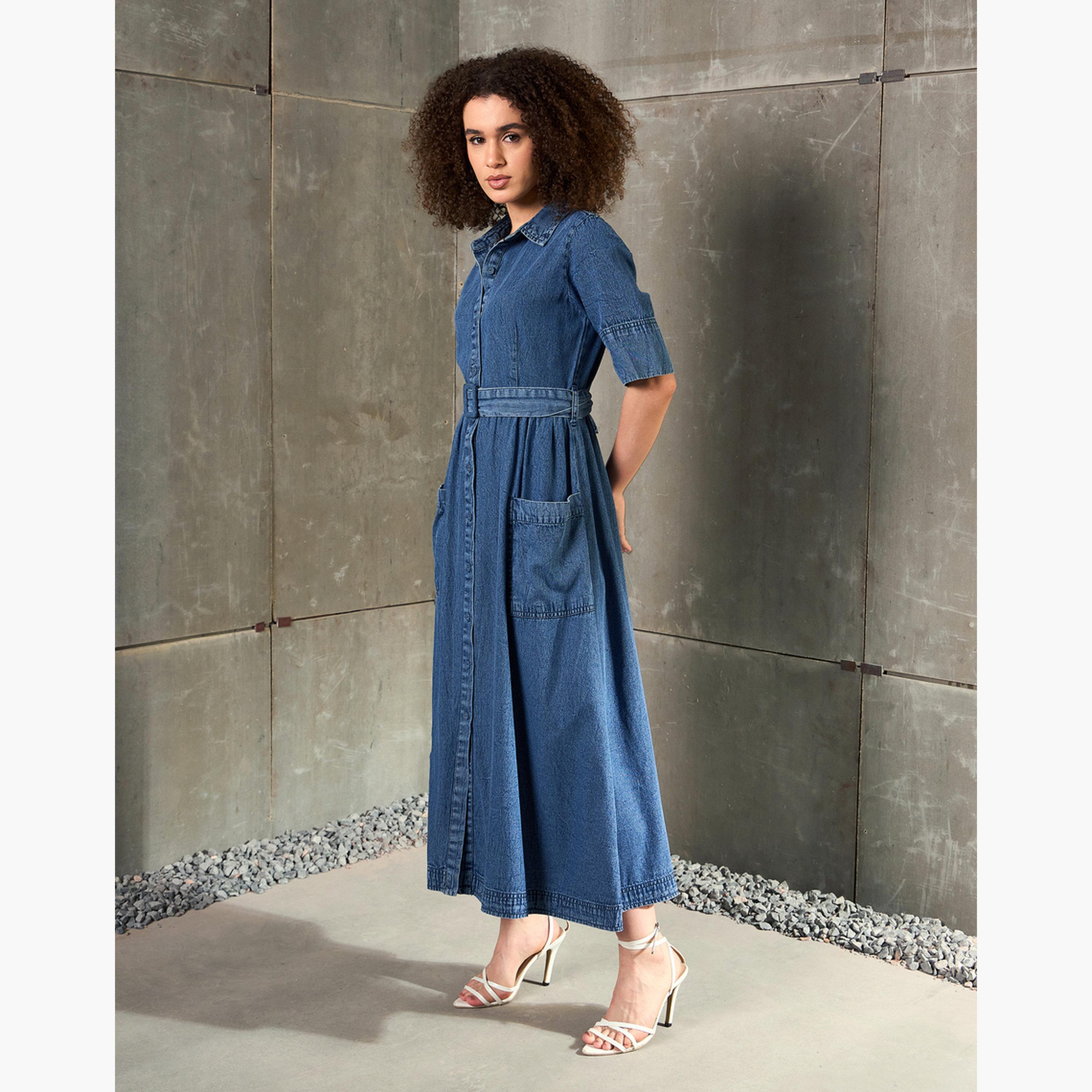 Sassafras Blue Denim Buttoned A-Line Maxi Dress:-women-clothing-dresses-image-3