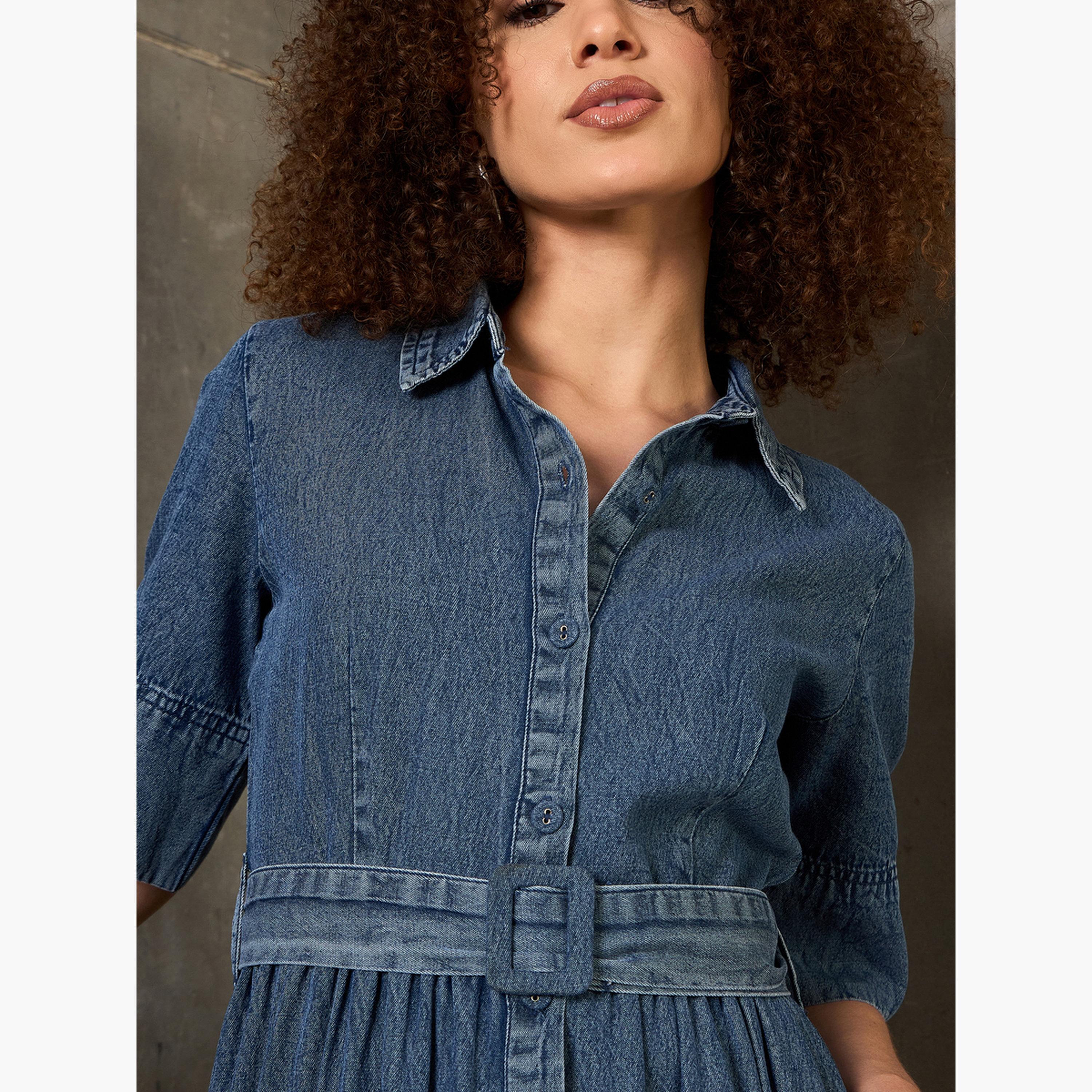 Sassafras Blue Denim Buttoned A-Line Maxi Dress:-women-clothing-dresses-image-4