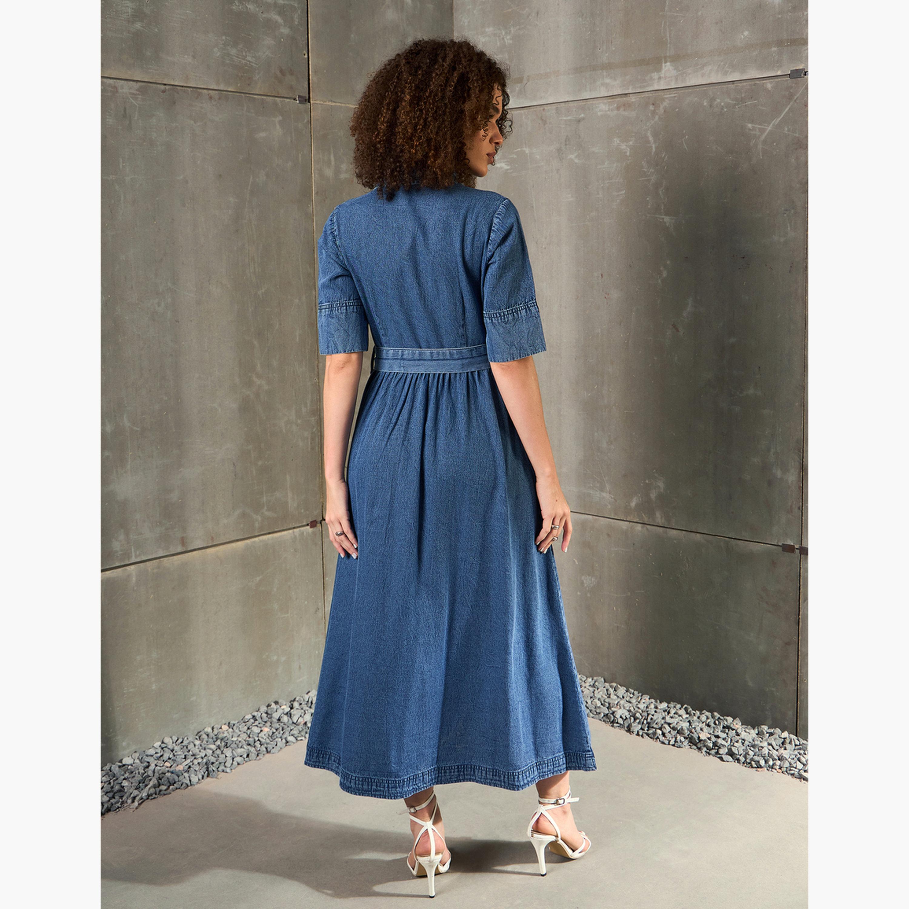 Sassafras Blue Denim Buttoned A-Line Maxi Dress:-women-clothing-dresses-image-5