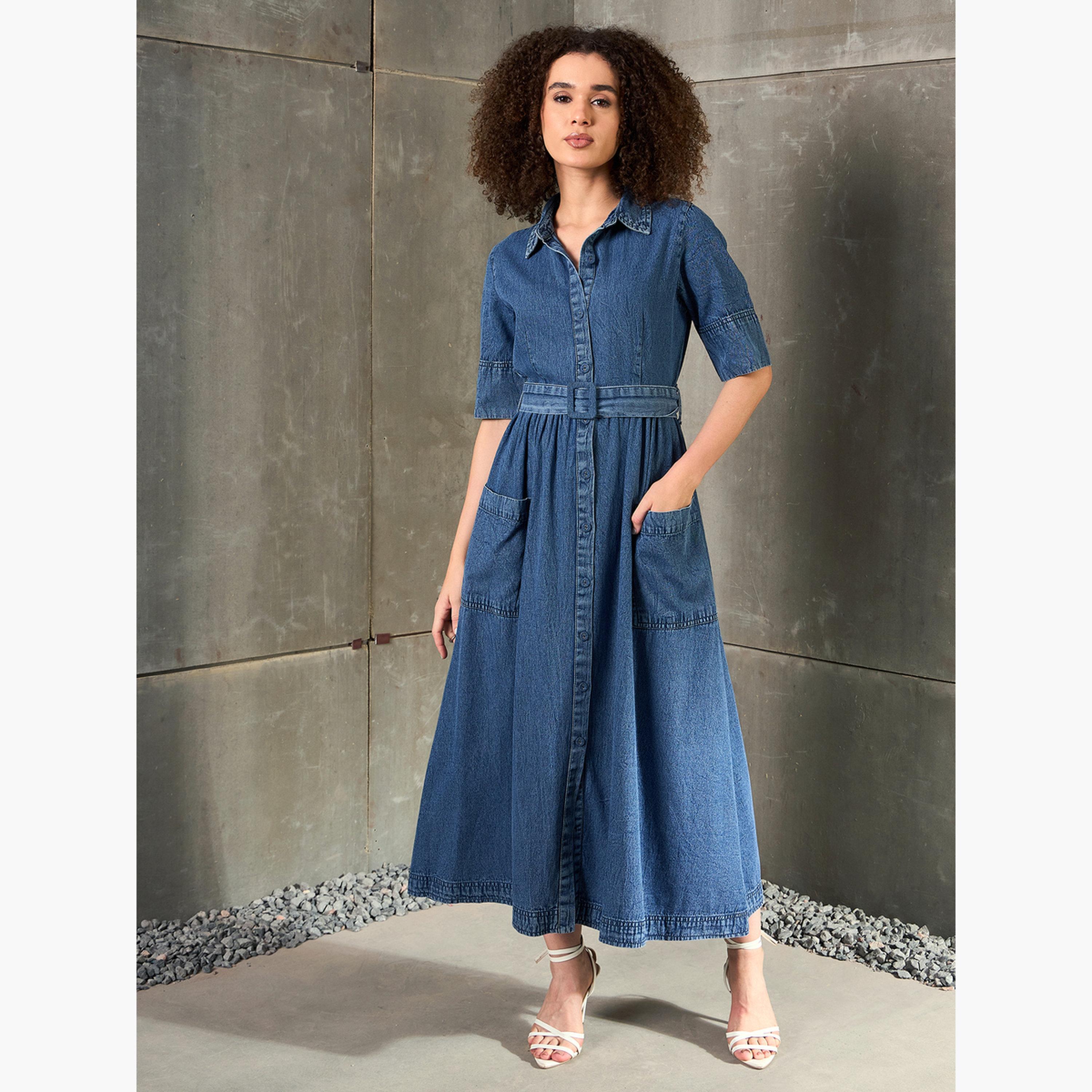 Sassafras Blue Denim Buttoned A-Line Maxi Dress:-women-clothing-dresses-image-6