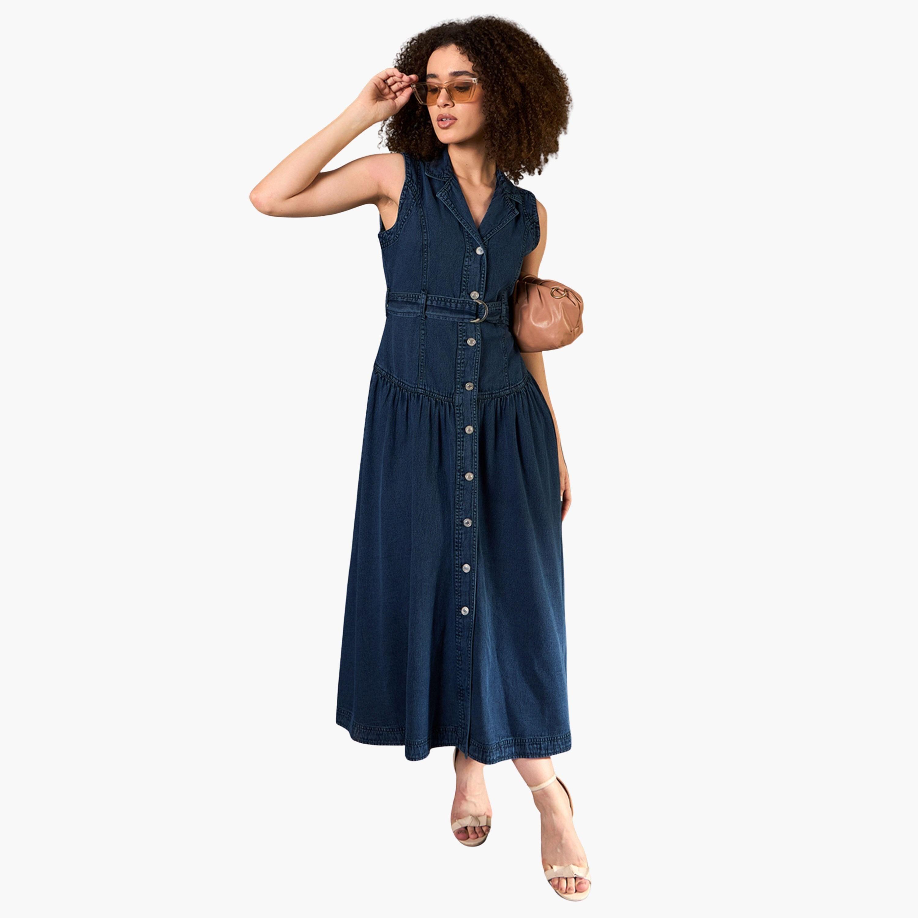 ساسافراس - فستان ماكسي بدون أكمام من قماش الدنيم الأزرق-women-clothing-dresses-image-1