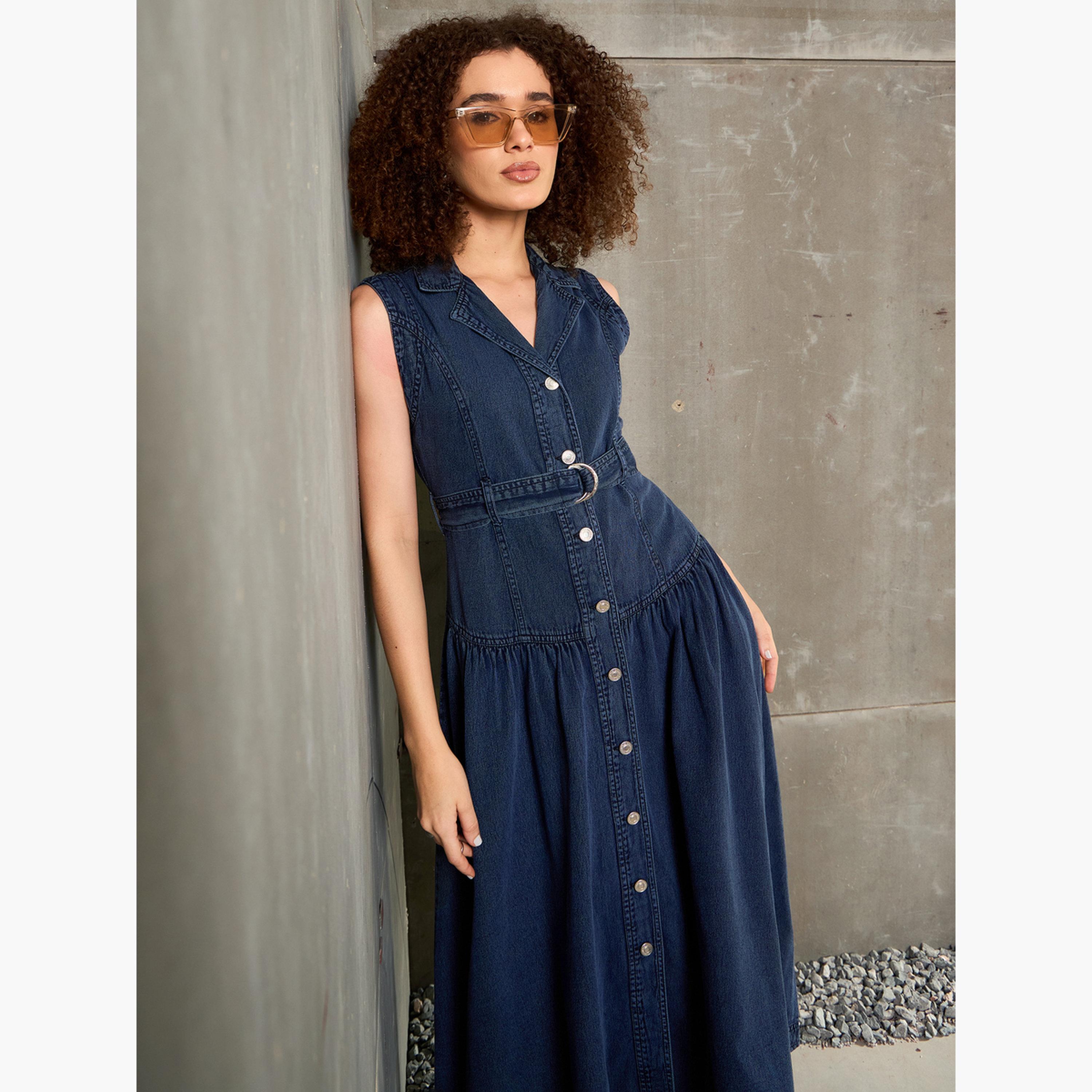 ساسافراس - فستان ماكسي بدون أكمام من قماش الدنيم الأزرق-women-clothing-dresses-image-2