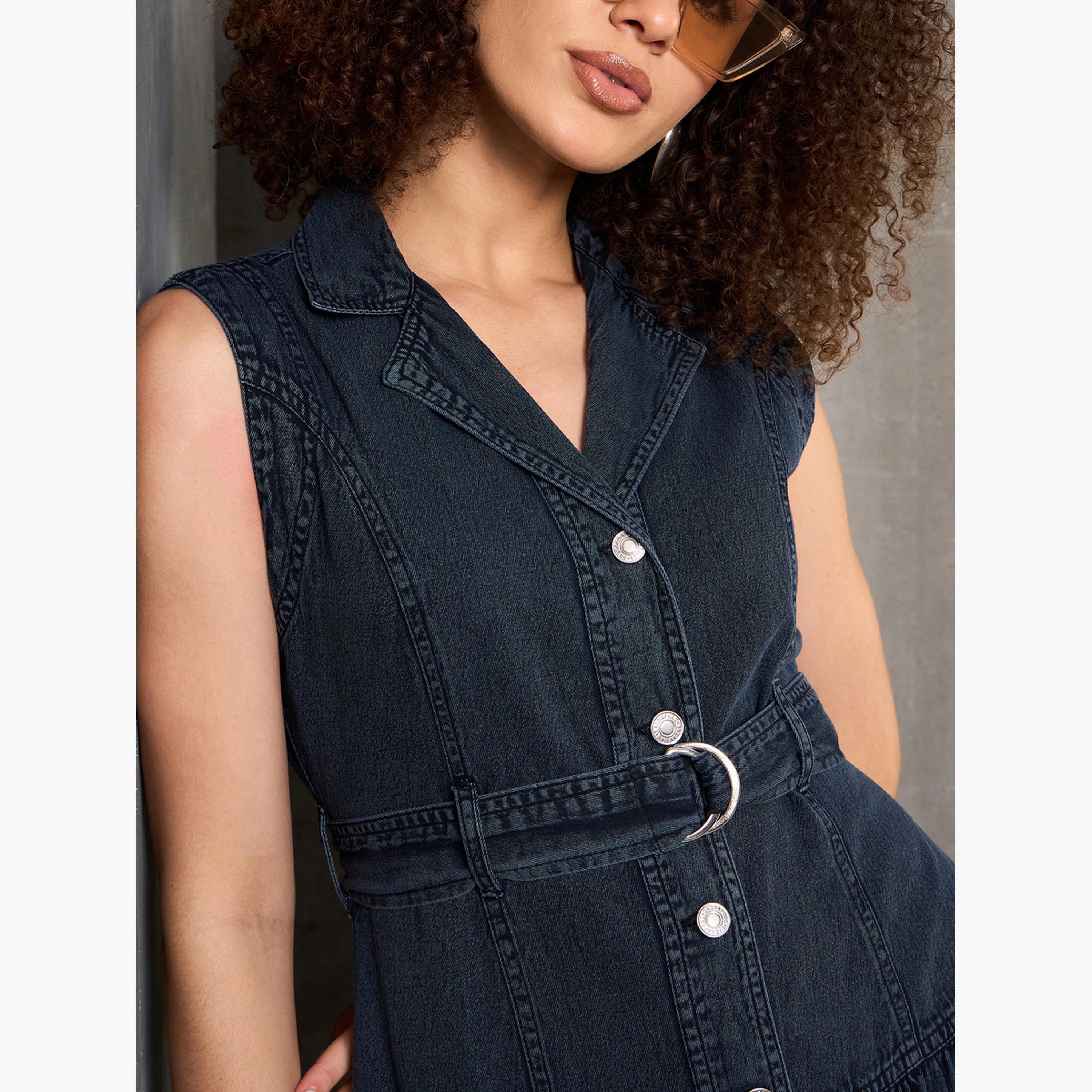 ساسافراس - فستان ماكسي بدون أكمام من قماش الدنيم الأزرق-women-clothing-dresses-image-4