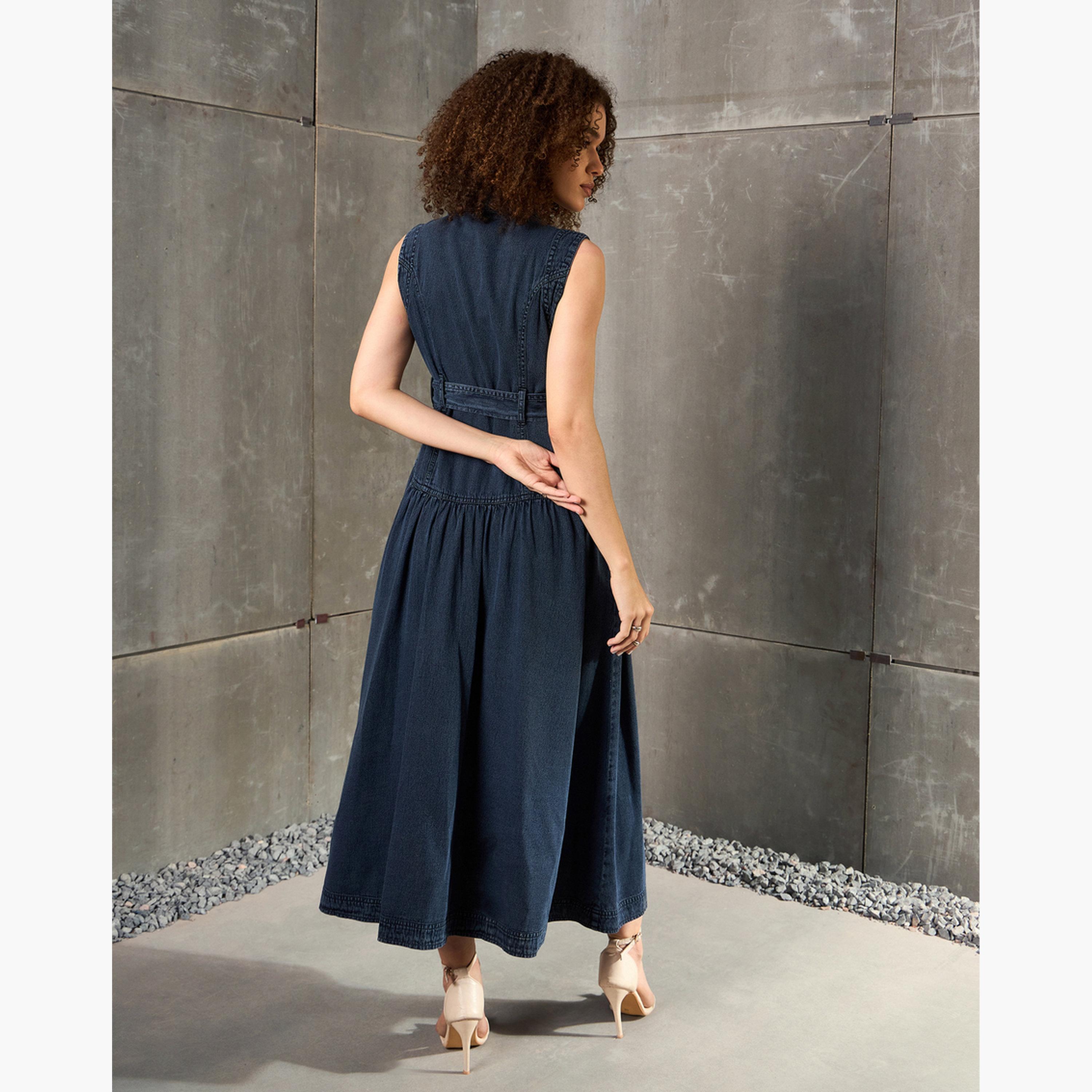 ساسافراس - فستان ماكسي بدون أكمام من قماش الدنيم الأزرق-women-clothing-dresses-image-5