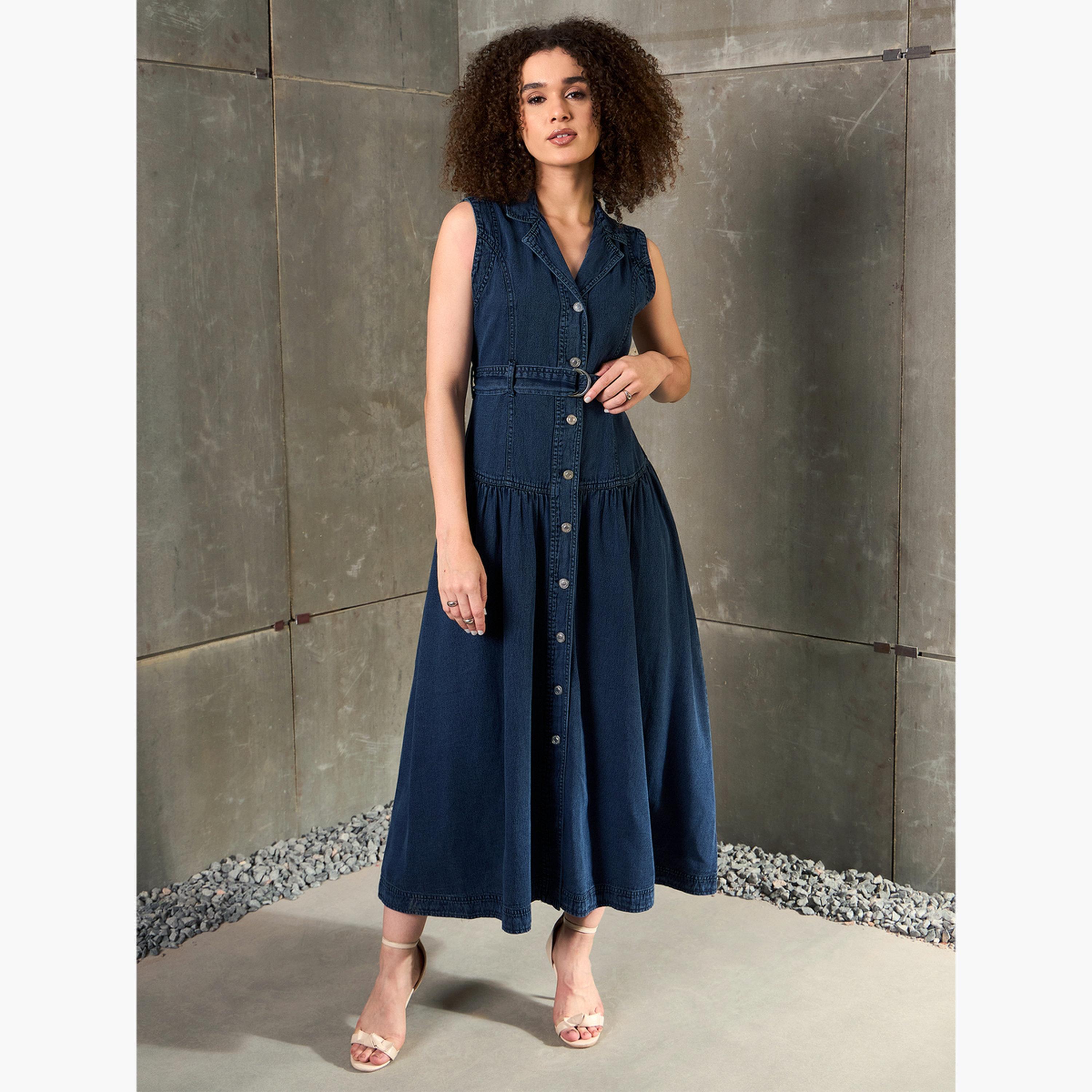 ساسافراس - فستان ماكسي بدون أكمام من قماش الدنيم الأزرق-women-clothing-dresses-image-6