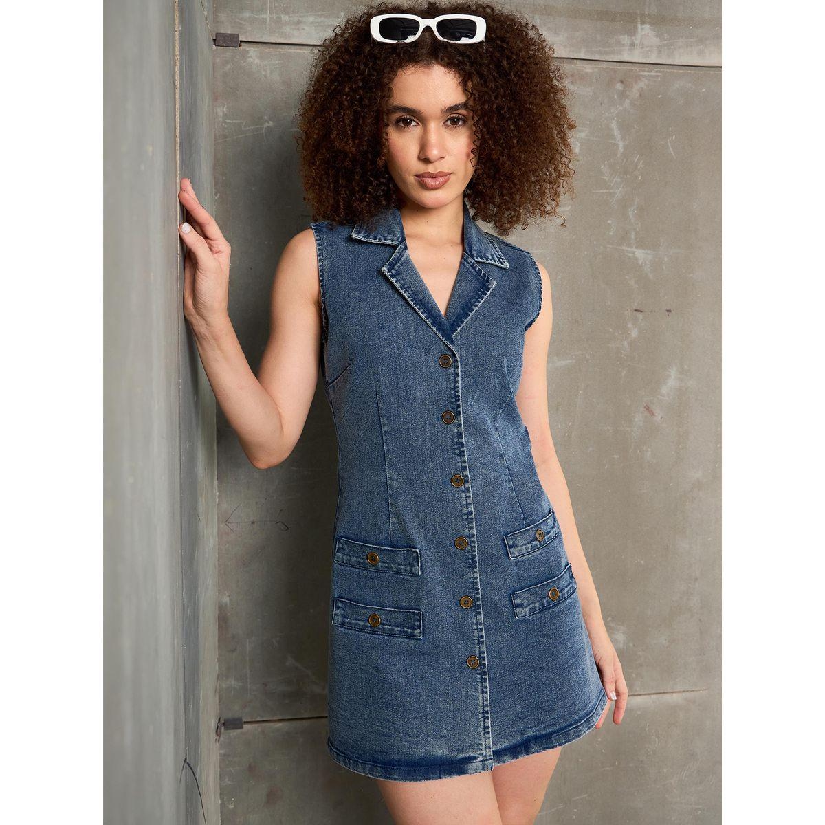 Sassafras Women Blue Washed Denim Notch Collar Sheath Mini Dress-women-clothing-dresses-image-2