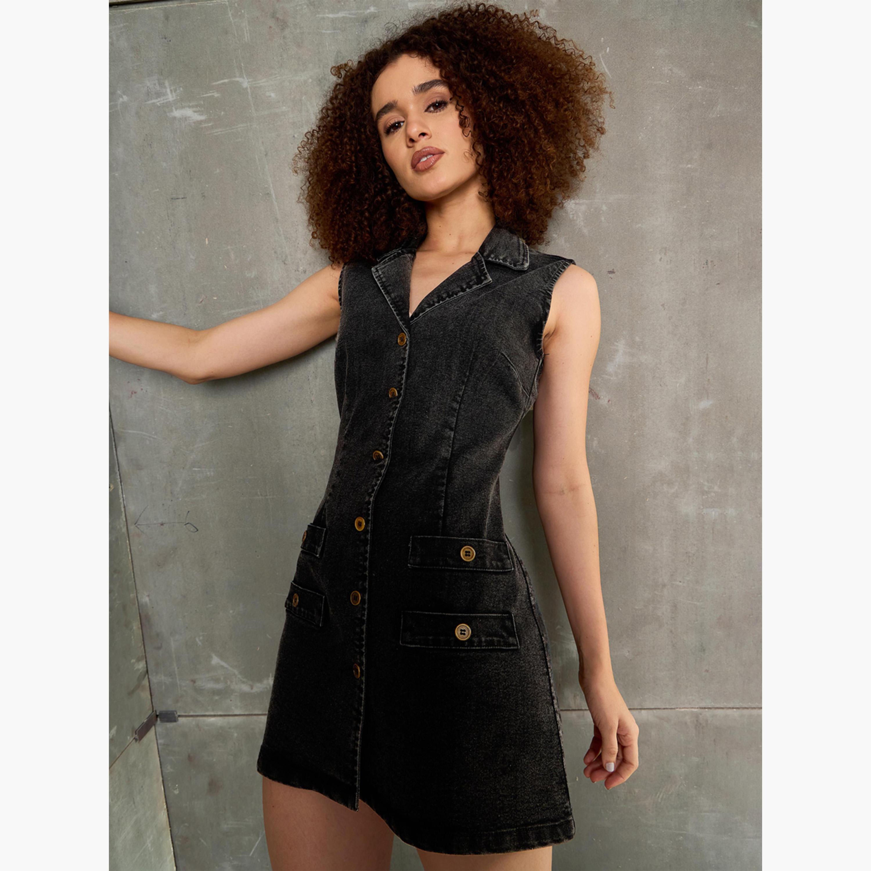 ساسافراس - فستان جينز قصير بدون أكمام لون أسود-women-clothing-dresses-image-1