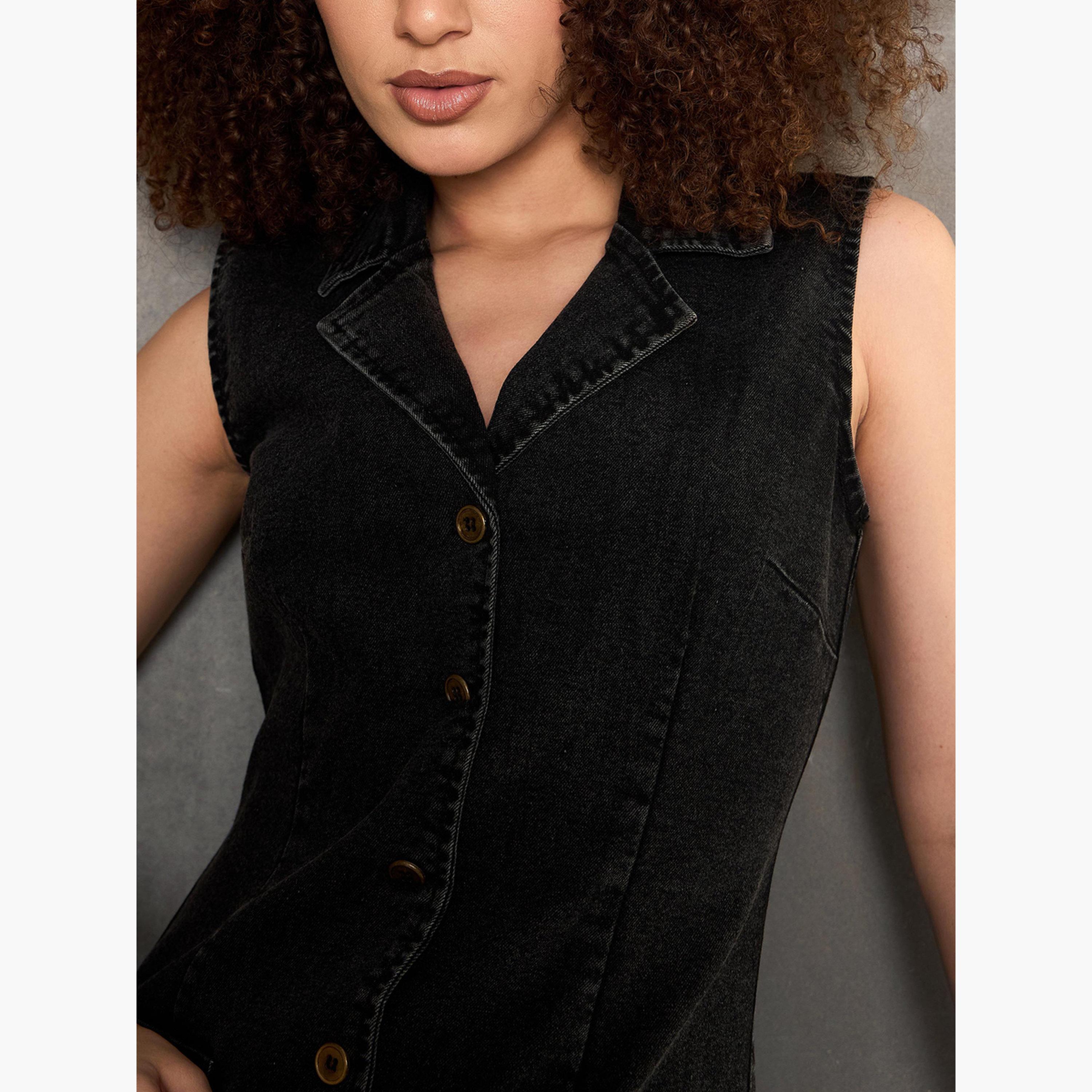 ساسافراس - فستان جينز قصير بدون أكمام لون أسود-women-clothing-dresses-image-4