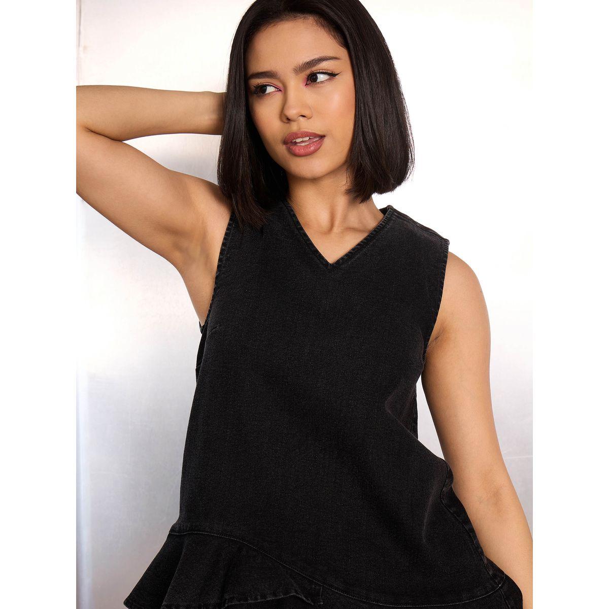 فستان قصير بنسيج دنيم مع حافة بتفاصيل شراشيب-women-clothing-dresses-image-4