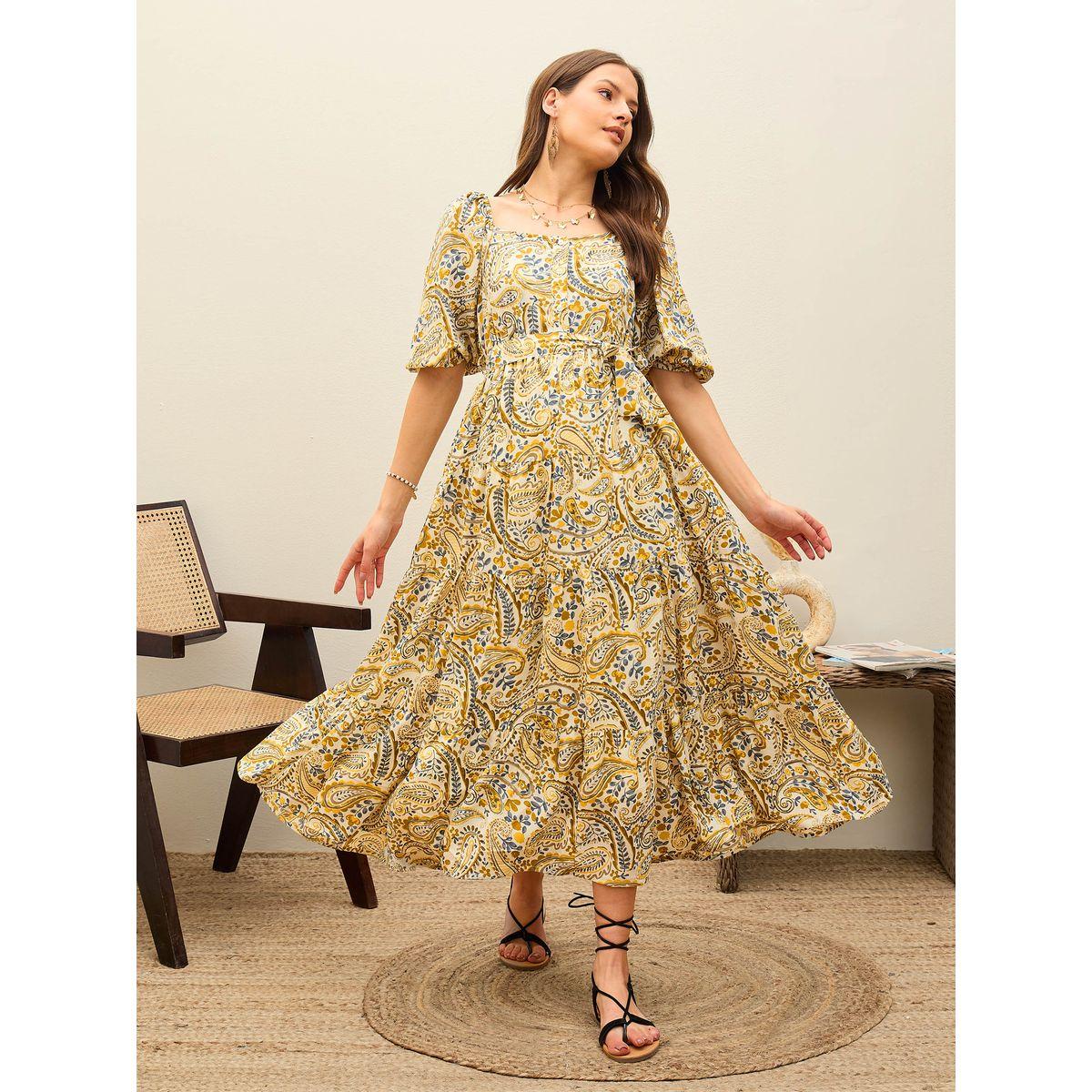 Sassafras Beige Paisley Print Belted Maxi Dress-women-clothing-dresses-image-1