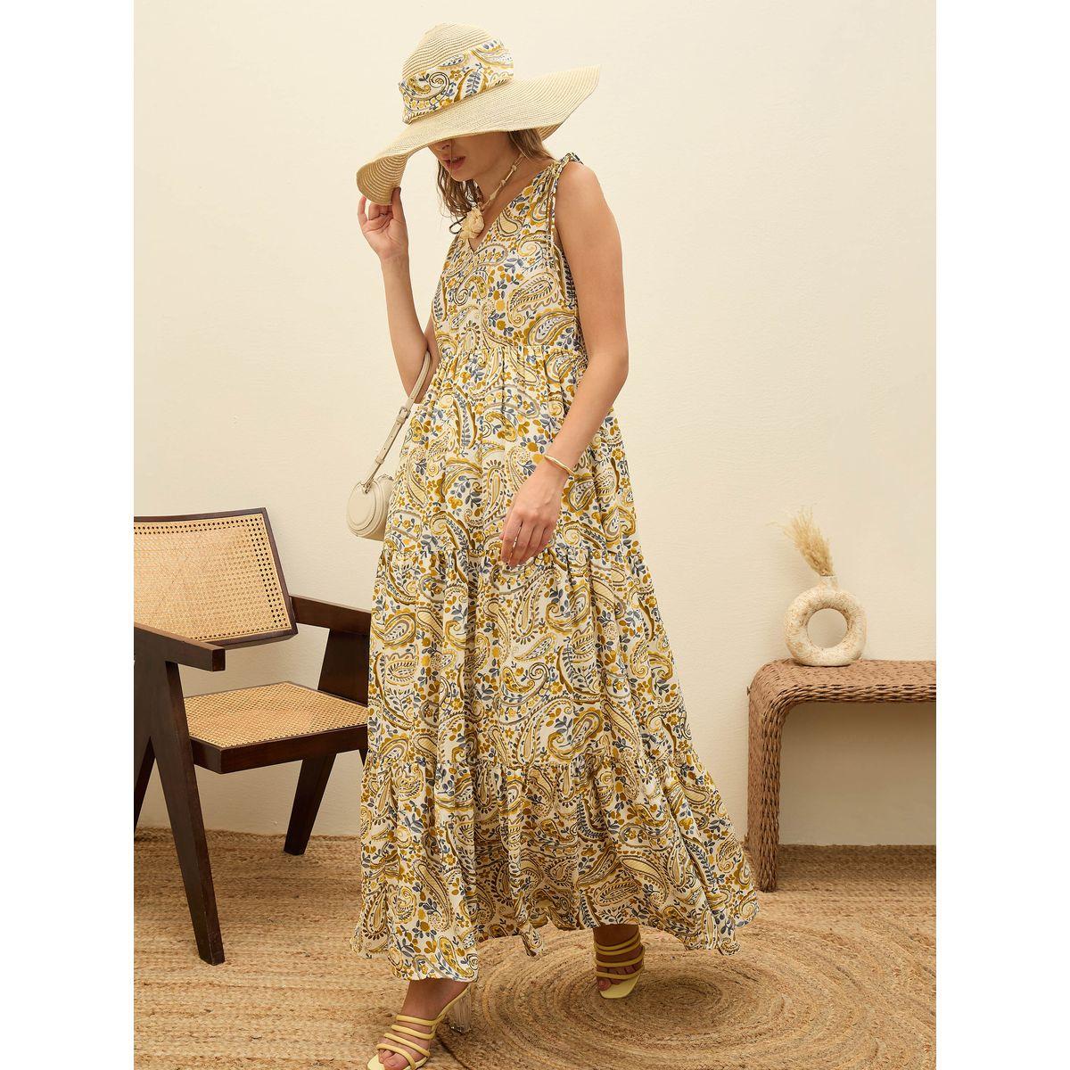 Sassafras Beige Paisley Print V Neck Tiered Maxi Dress-women-clothing-dresses-image-1
