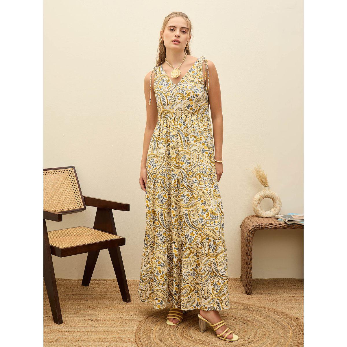Sassafras Beige Paisley Print V Neck Tiered Maxi Dress-women-clothing-dresses-image-6