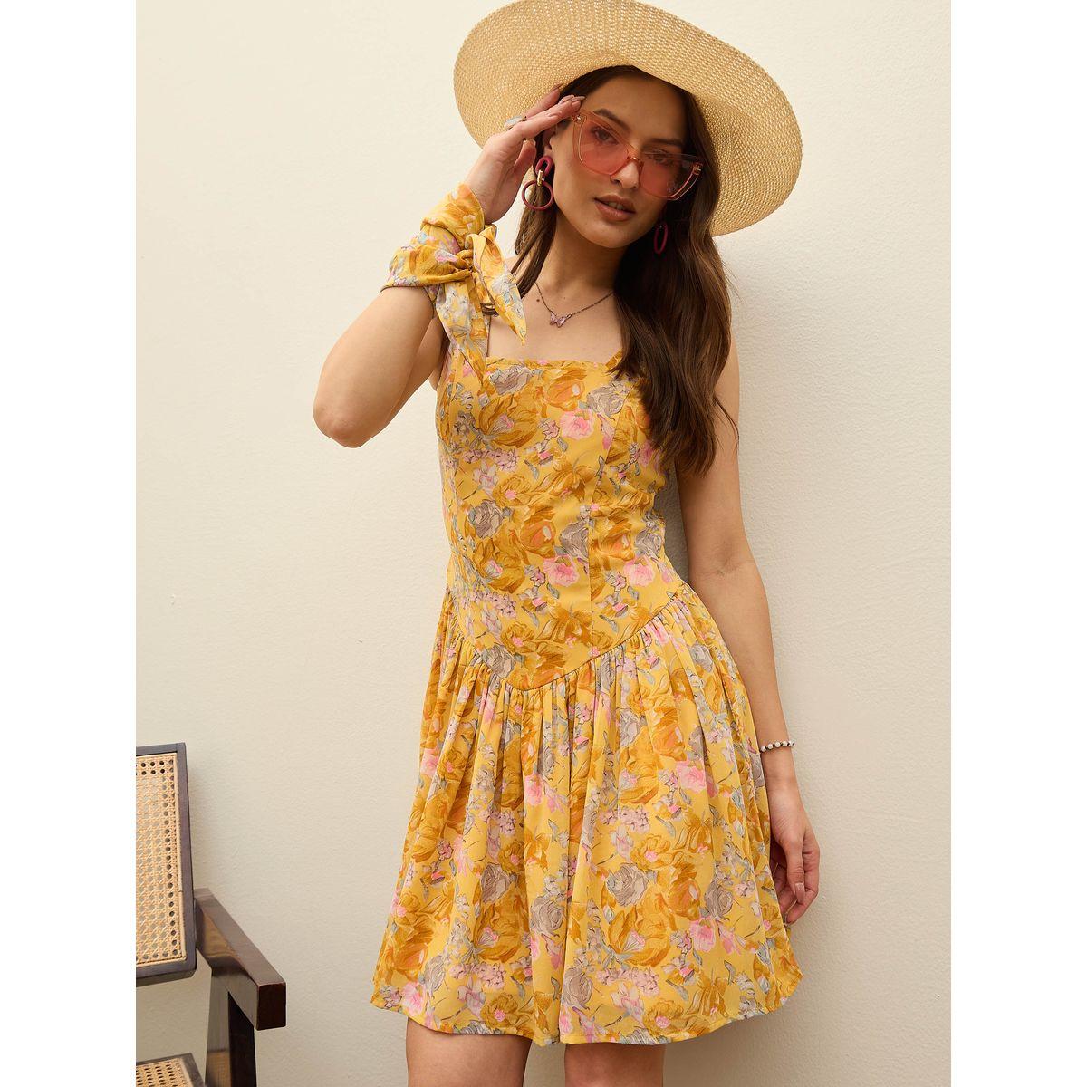 فستان قصير بطبعة زهور مع ياقة مربعة-women-clothing-dresses-image-1