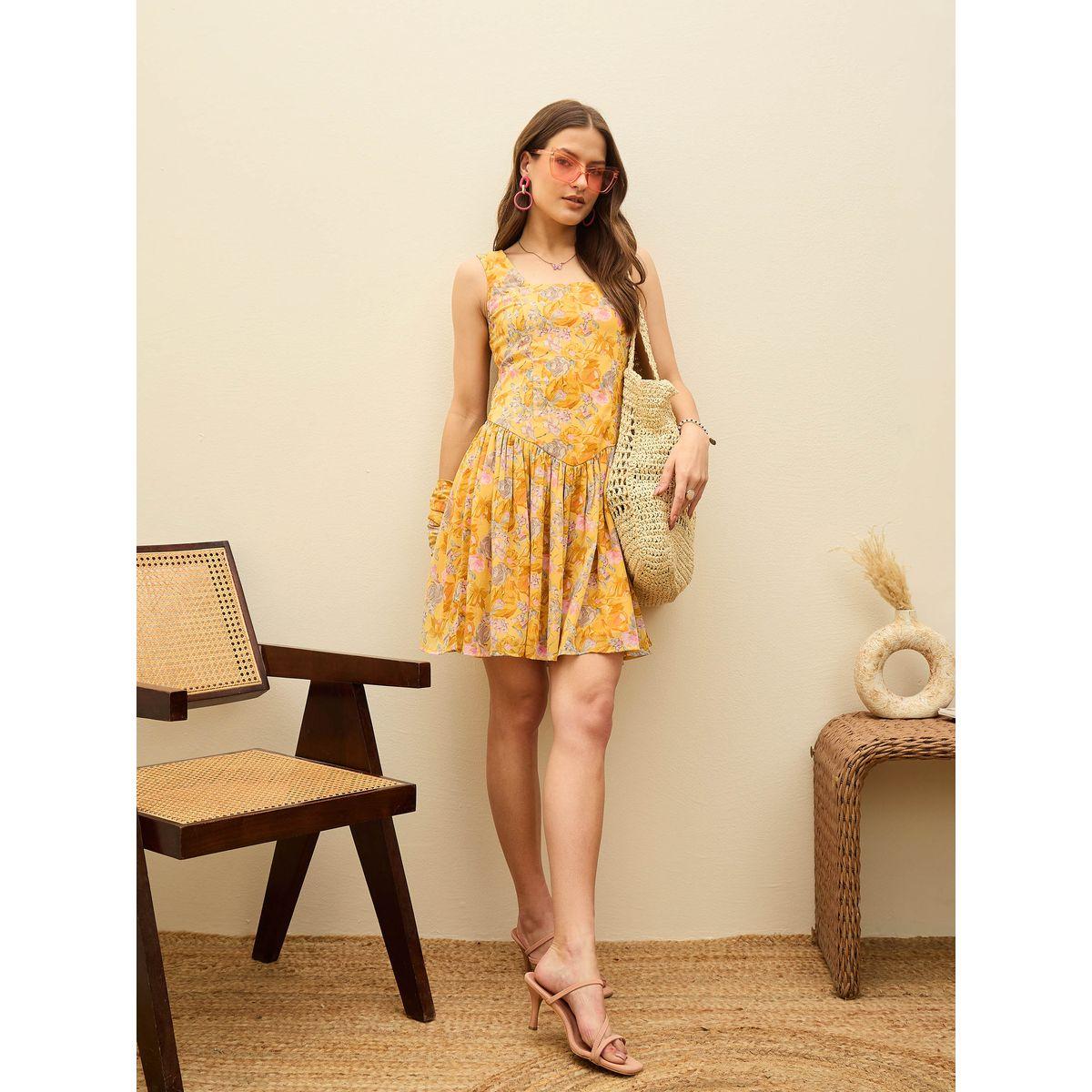 فستان قصير بطبعة زهور مع ياقة مربعة-women-clothing-dresses-image-2
