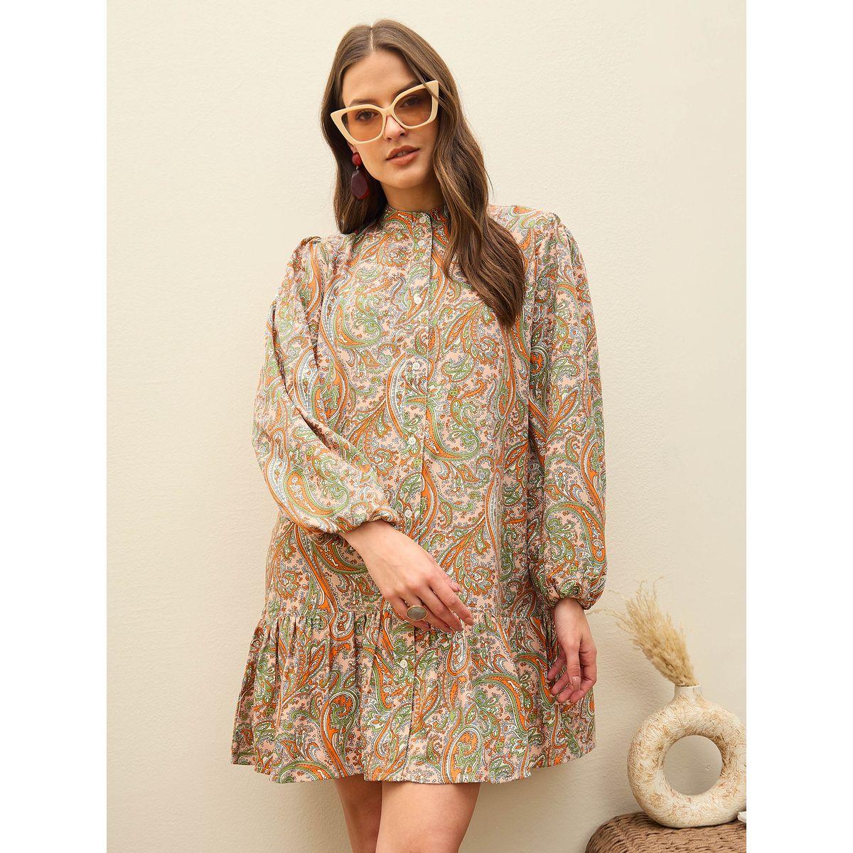 Sassafras Peach Paisley Print Shirt Mini Dress-women-clothing-dresses-image-1