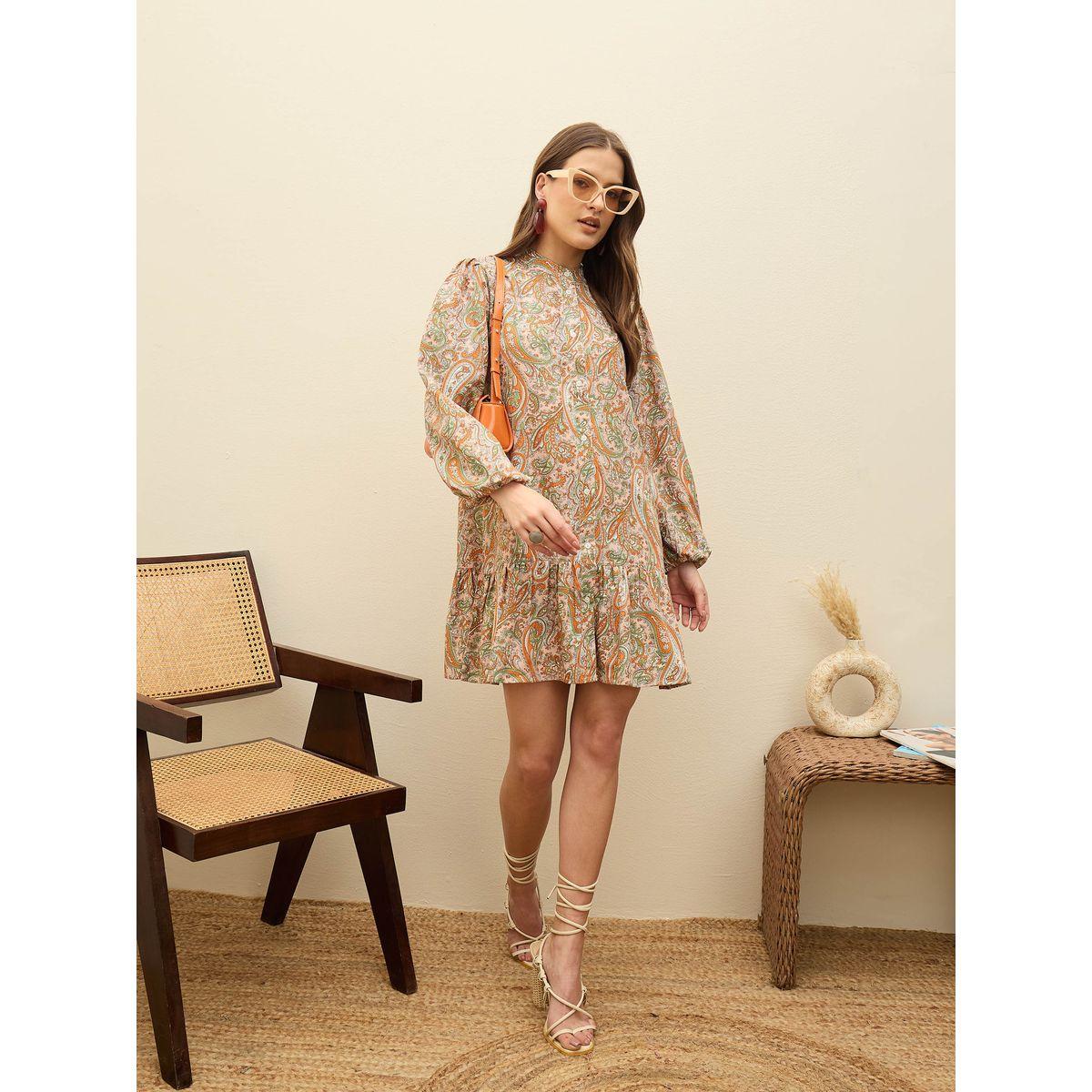 فستان قصير بقصة قصير مزين بطبعة بيزلي-women-clothing-dresses-image-2