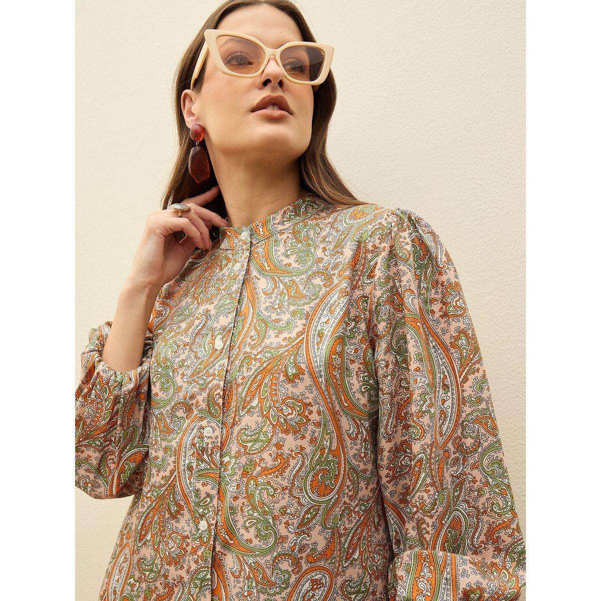 Sassafras Peach Paisley Print Shirt Mini Dress-women-clothing-dresses-image-4
