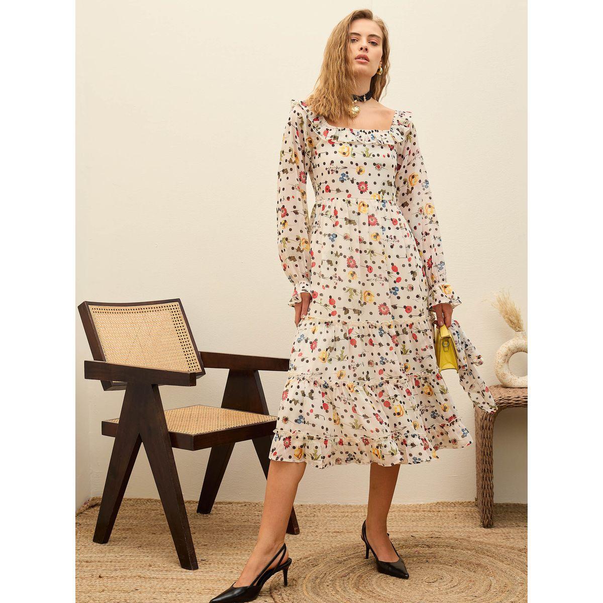 فستان ميدي بياقة مربعة وطبعة زهور-women-clothing-dresses-image-1