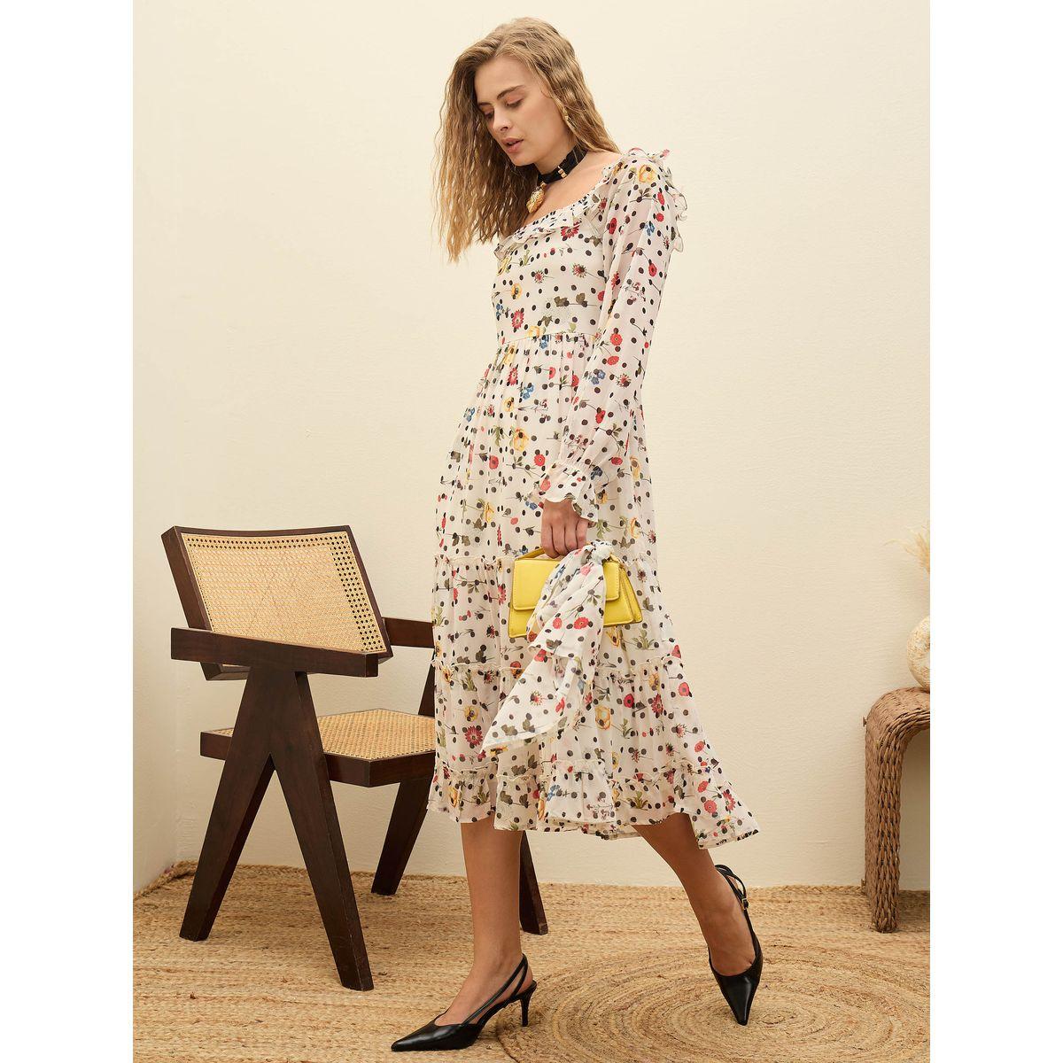 فستان ميدي بياقة مربعة وطبعة زهور-women-clothing-dresses-image-3