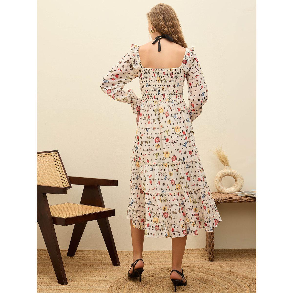 فستان ميدي بياقة مربعة وطبعة زهور-women-clothing-dresses-image-5