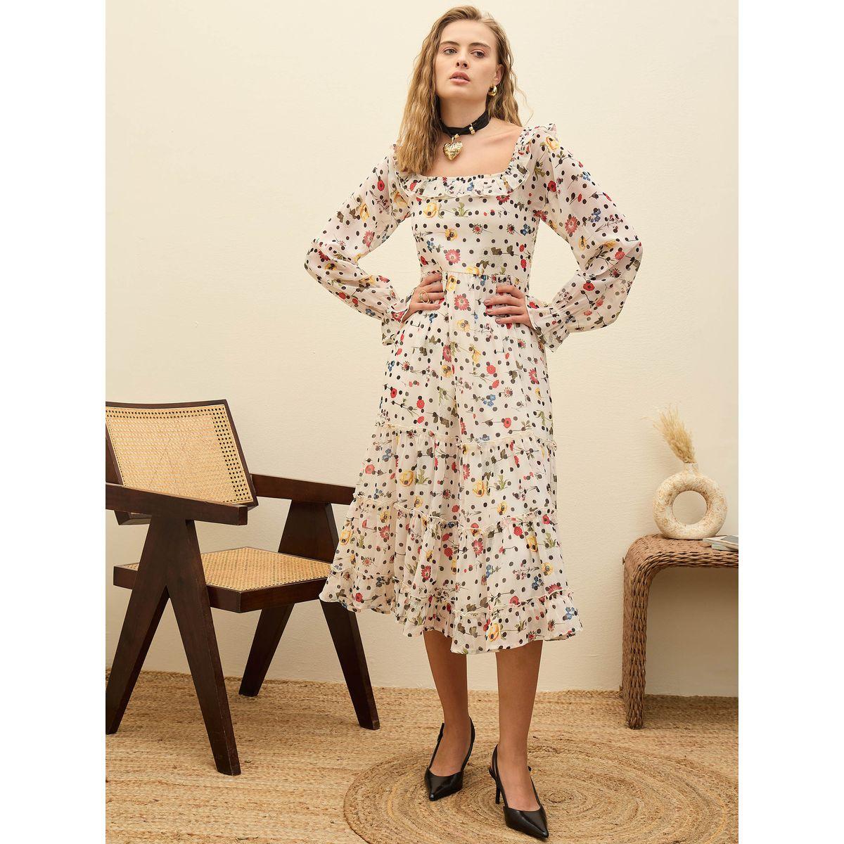 فستان ميدي بياقة مربعة وطبعة زهور-women-clothing-dresses-image-6