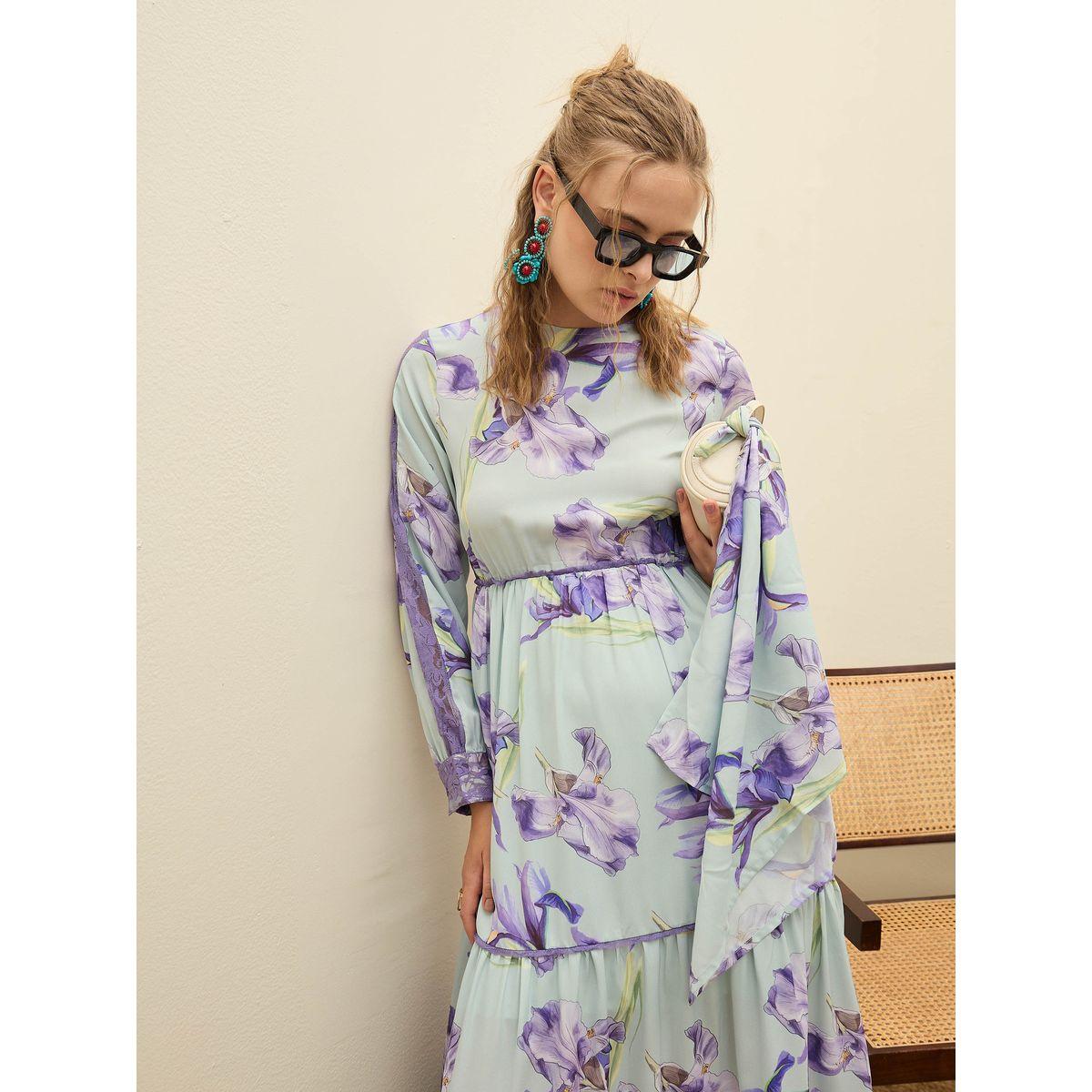 فستان طويل بتفاصيل زهور دانتيل مع كسرات-women-clothing-dresses-image-2