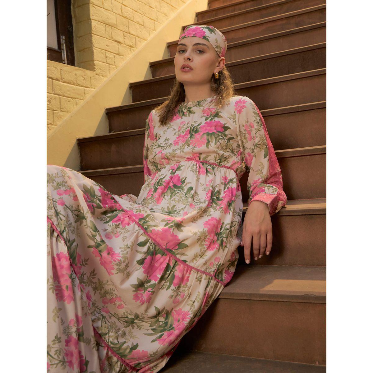 فستان طويل بتفاصيل زهور دانتيل مع كسرات-women-clothing-dresses-image-2