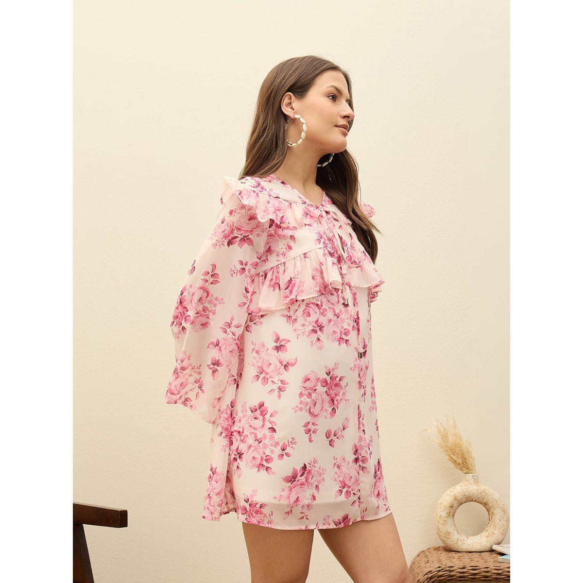 فستان قصير بطبعة زهور مع تفاصيل كشكش-women-clothing-dresses-image-3