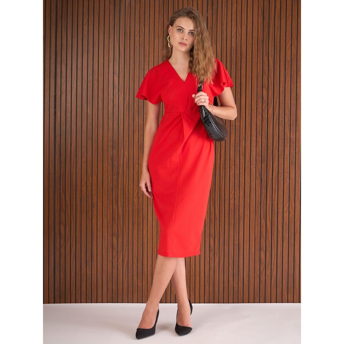 Sassafras Red Solid Flared Sleeves Sheath Midi Dress-women-clothing-dresses-image-1