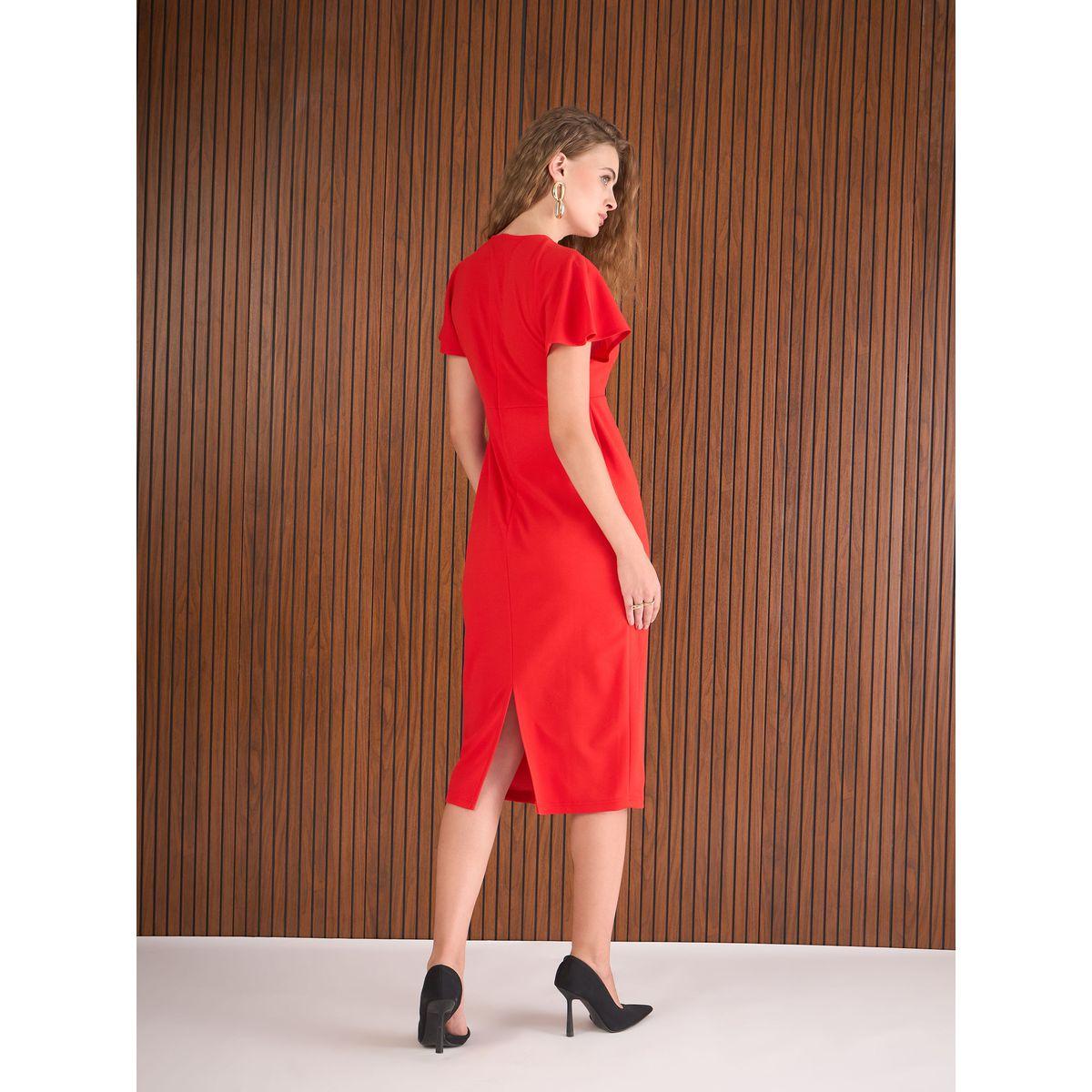 Sassafras Red Solid Flared Sleeves Sheath Midi Dress-women-clothing-dresses-image-5