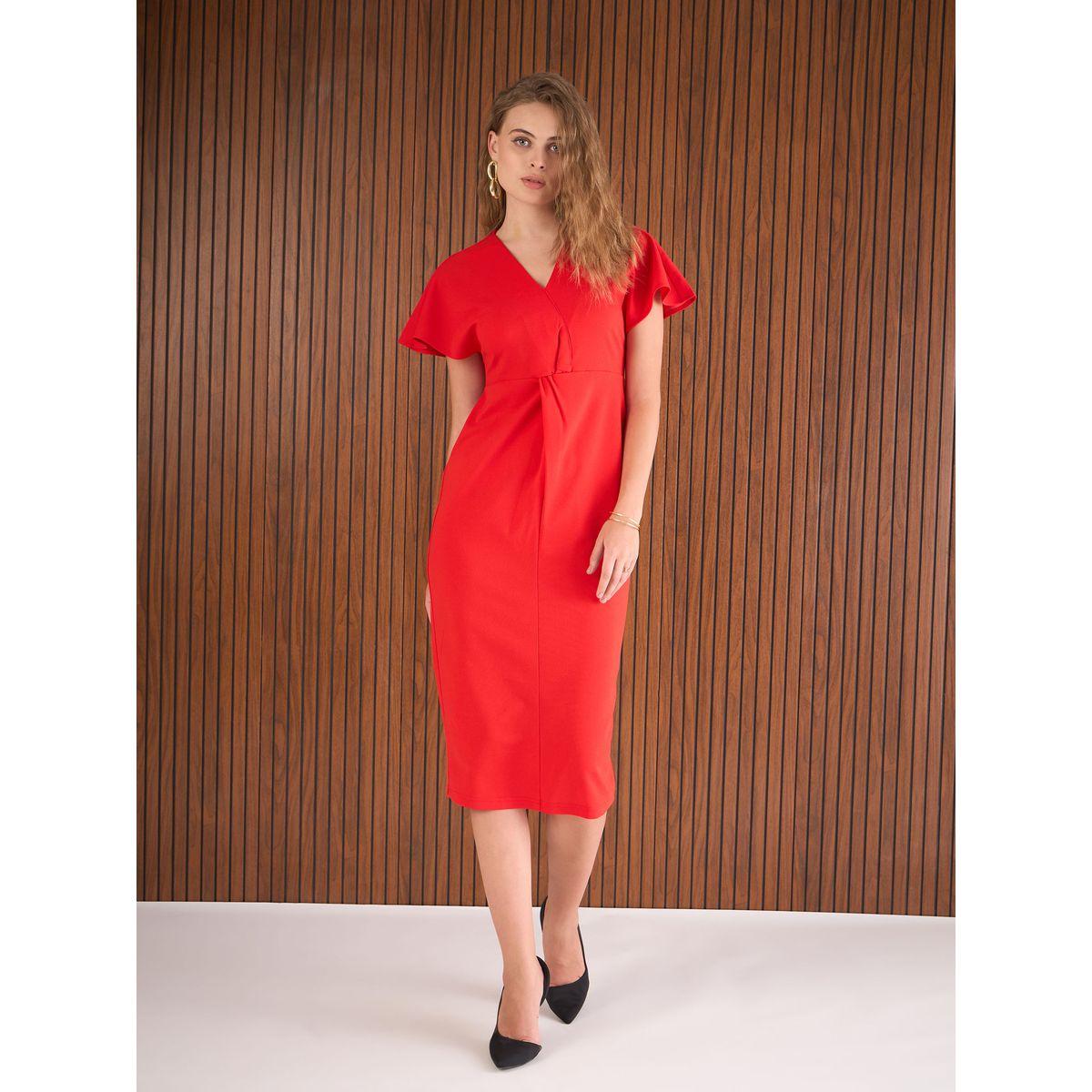 Sassafras Red Solid Flared Sleeves Sheath Midi Dress-women-clothing-dresses-image-6