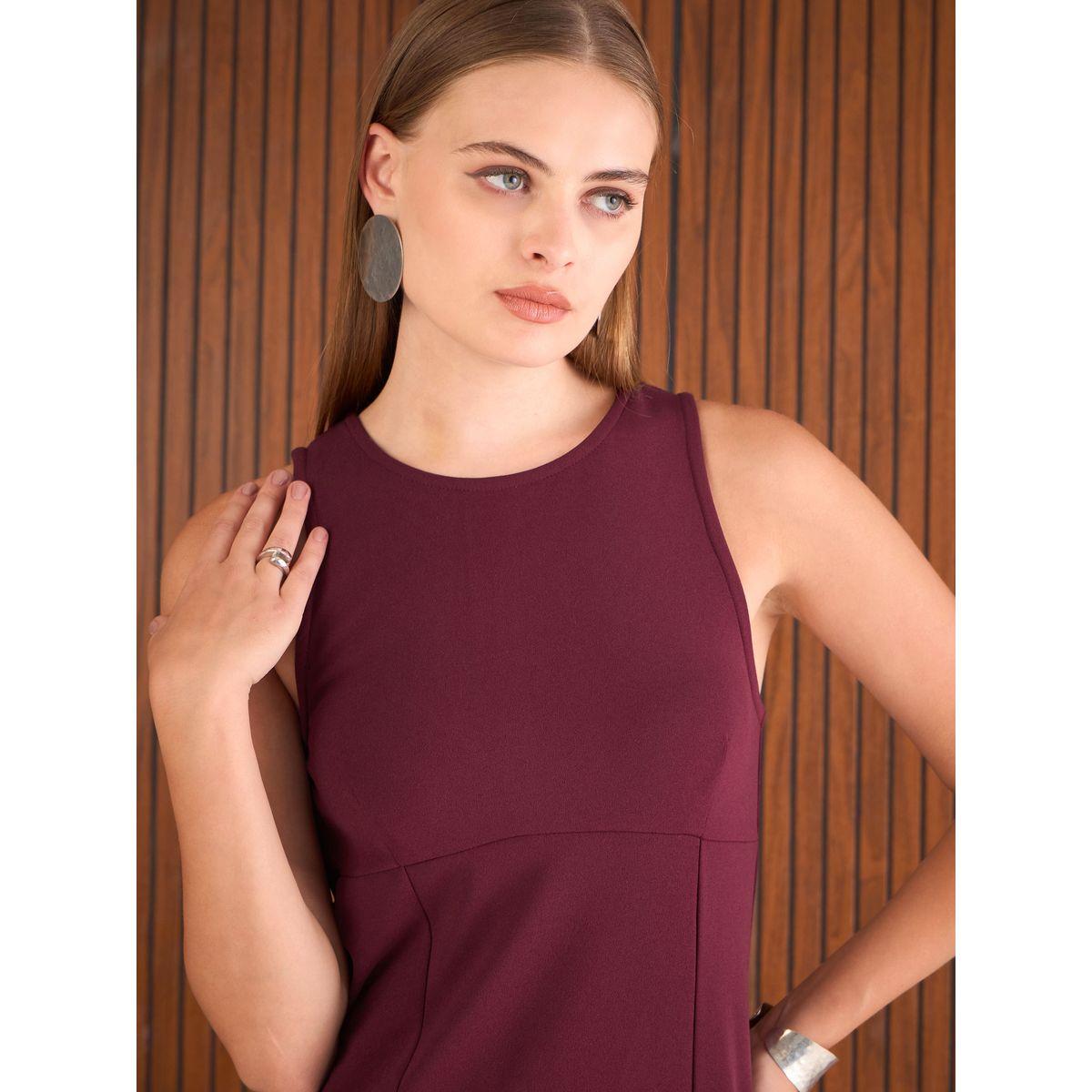Sassafras Burgundy Solid Pleated Hem A-Line Mini Dress-women-clothing-dresses-image-4