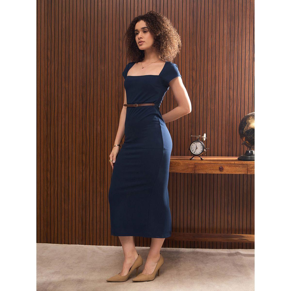 Sassafras Navy Blue Solid Rhombus Neck Belted Bodycon Midi Dress-women-clothing-dresses-image-3