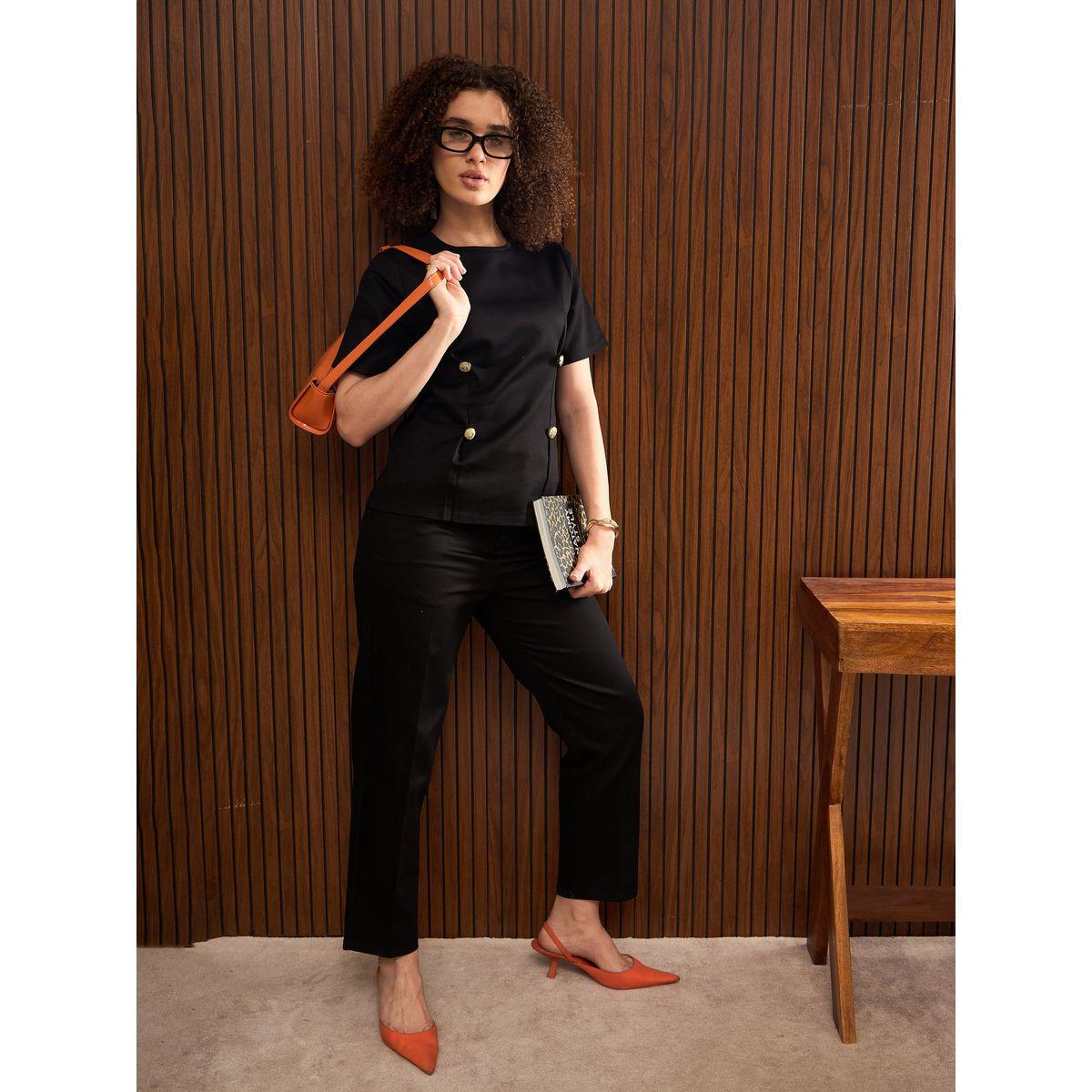 Sassafras Black Round Neck Button Down Darted Top-women-clothing-shirtsandblouses-blouses-image-2