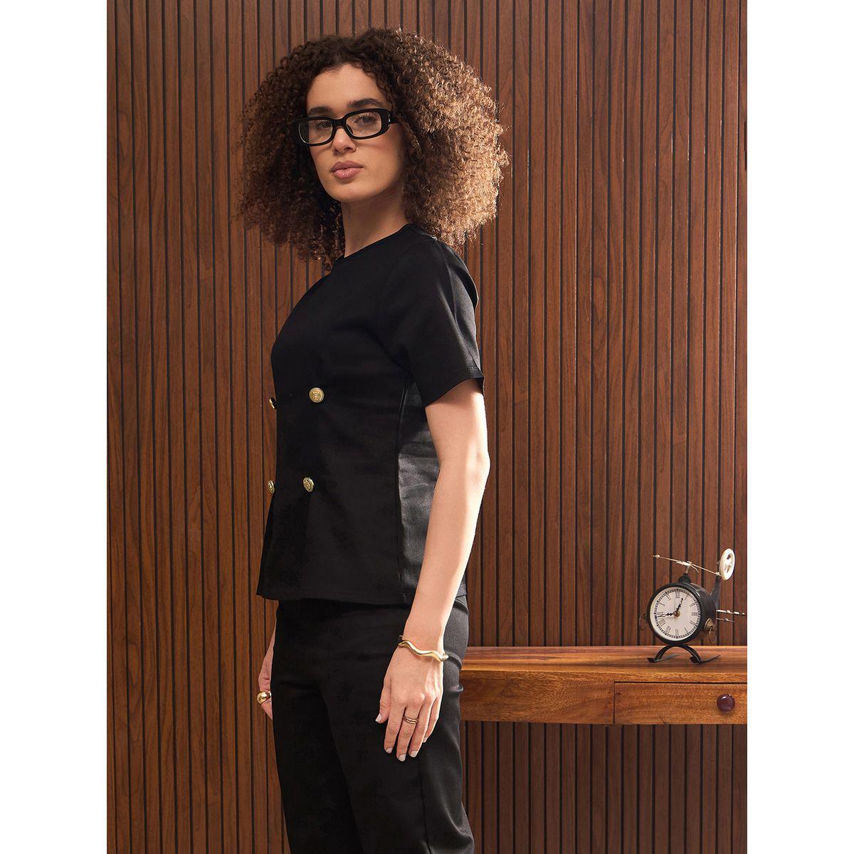 Sassafras Black Round Neck Button Down Darted Top-women-clothing-shirtsandblouses-blouses-image-3