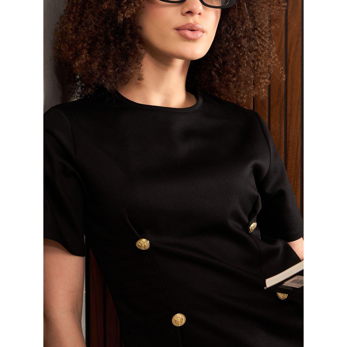 Sassafras Black Round Neck Button Down Darted Top-women-clothing-shirtsandblouses-blouses-image-4