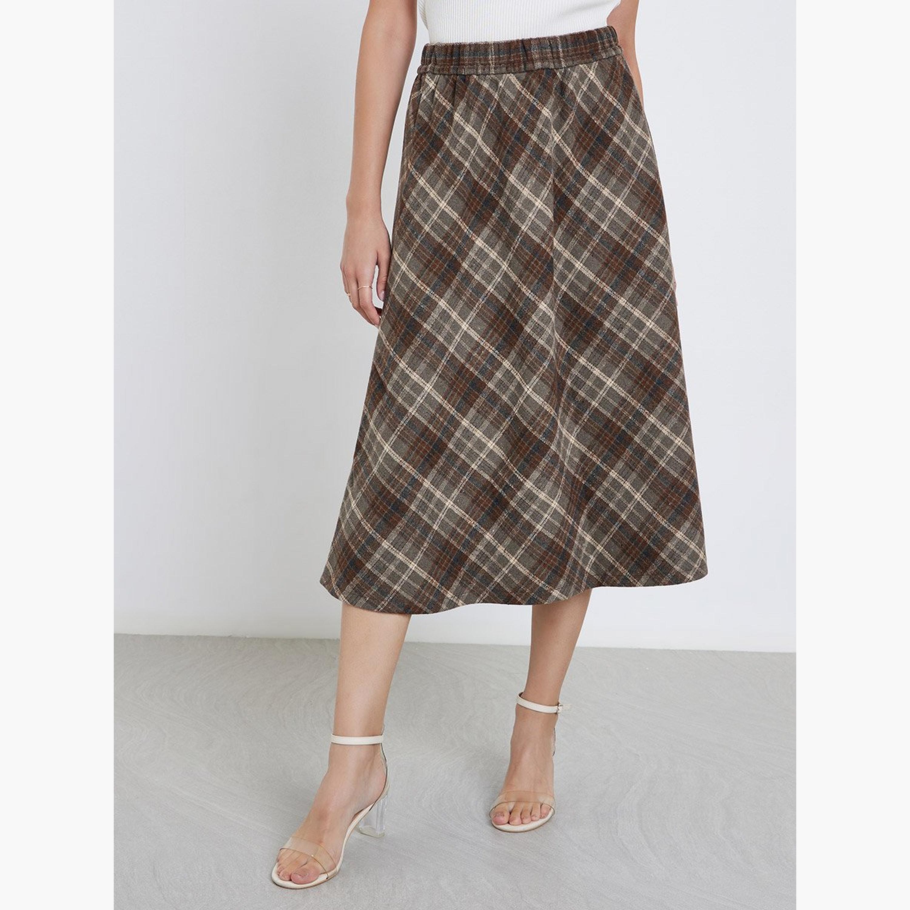 Styli Checked Elastic Waistband A-Line Midi Skirt-women-clothing-skirts-image-1