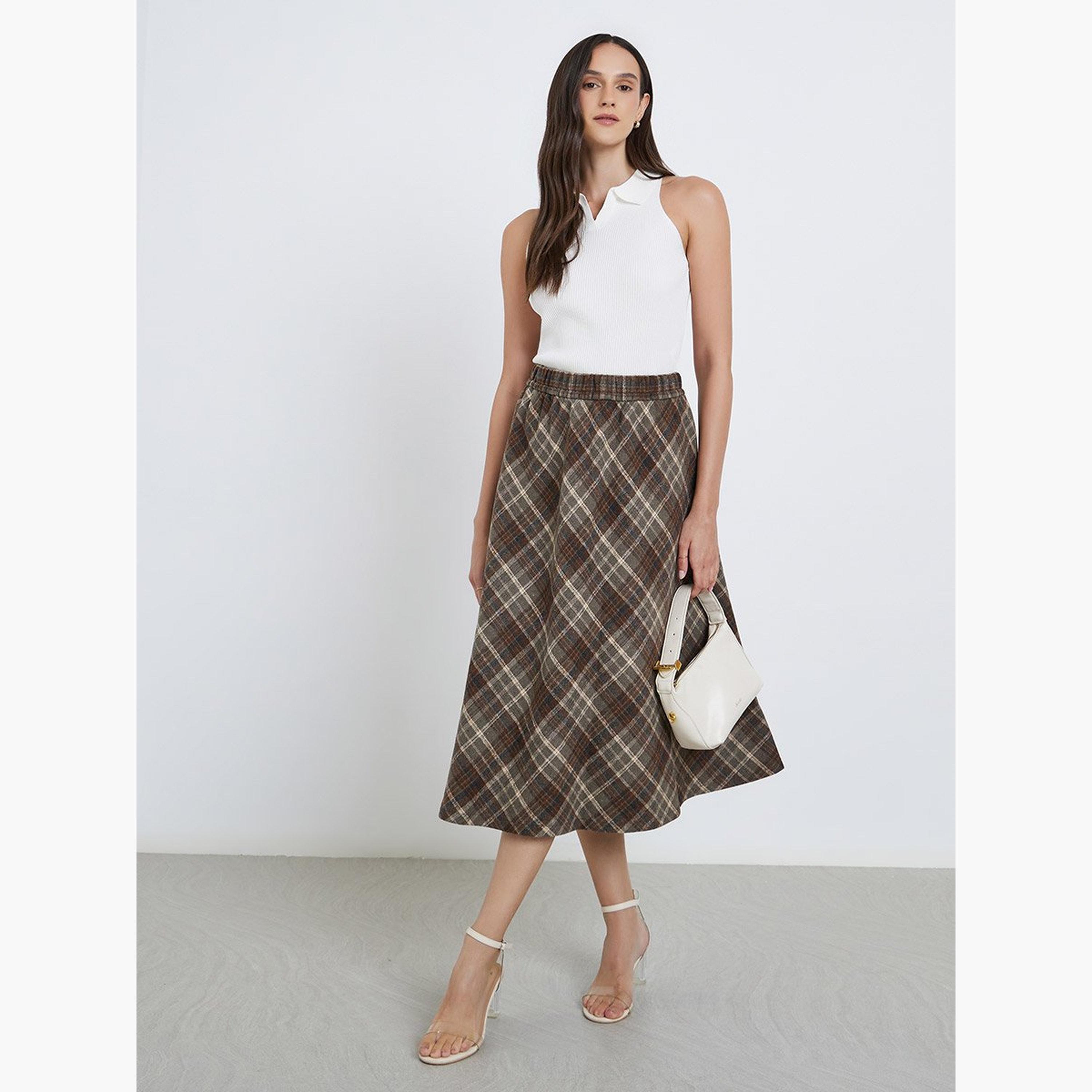 Styli Checked Elastic Waistband A-Line Midi Skirt-women-clothing-skirts-image-2
