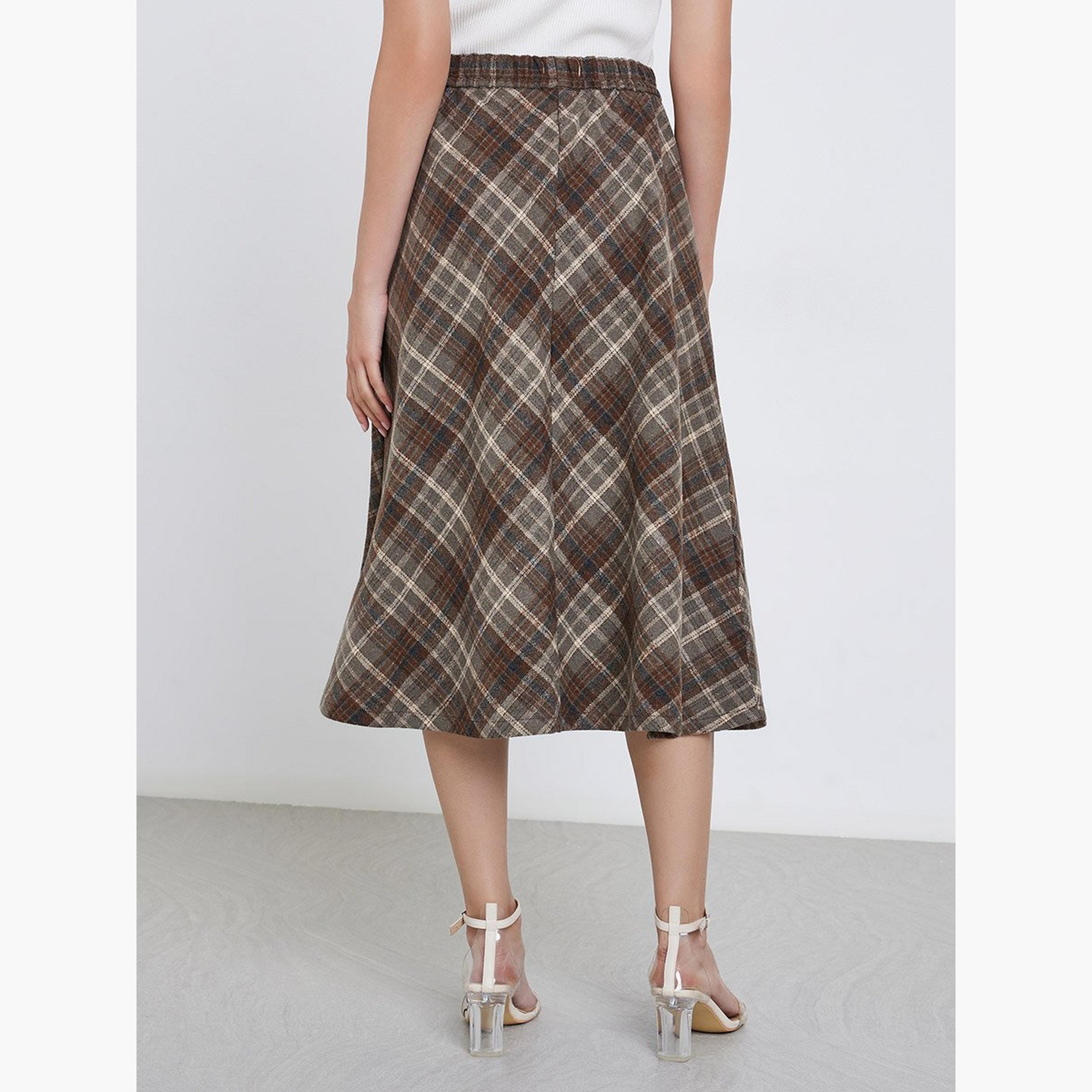 Styli Checked Elastic Waistband A-Line Midi Skirt-women-clothing-skirts-image-4