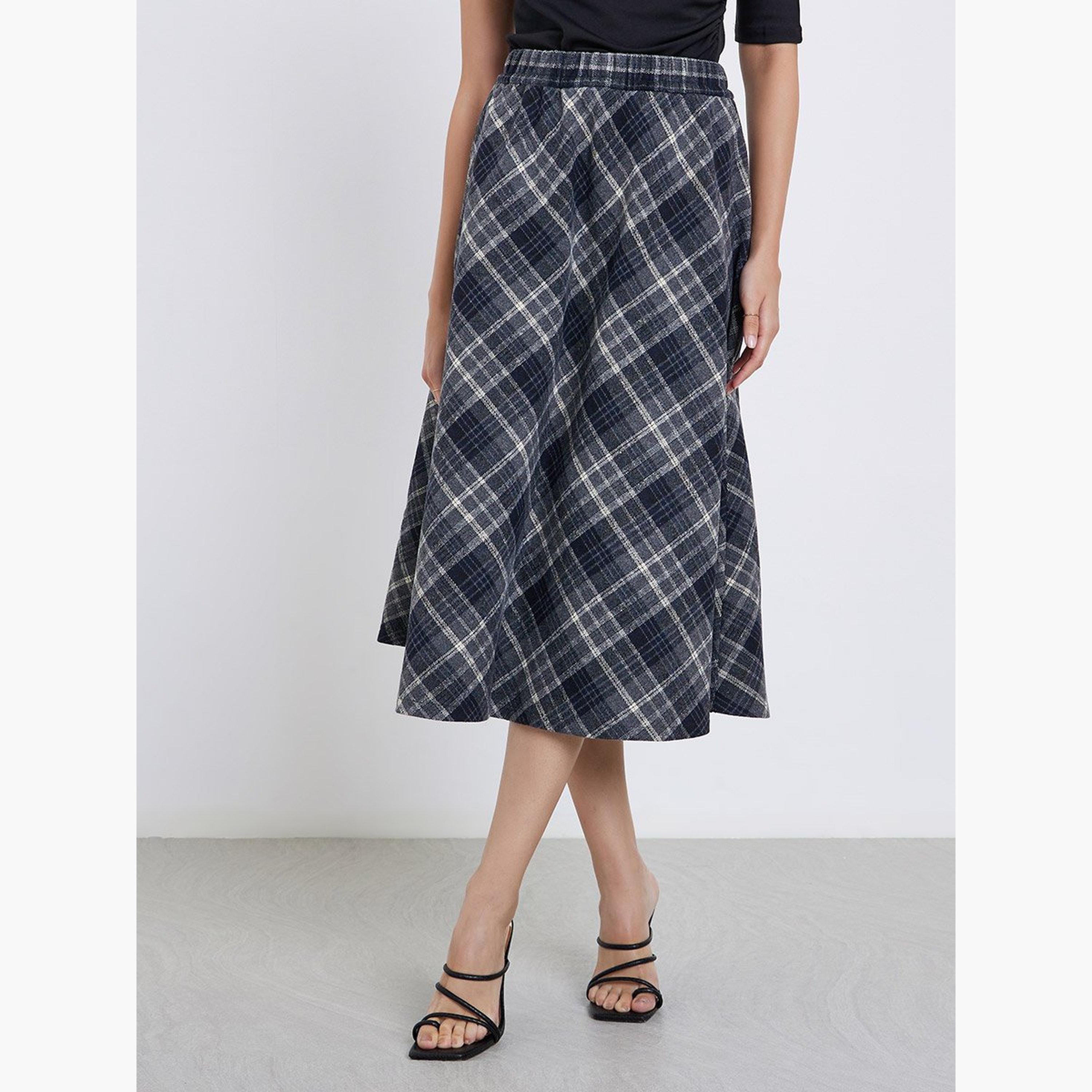 Styli Checked Elastic Waistband A-Line Midi Skirt-women-clothing-bottoms-skirts-image-1