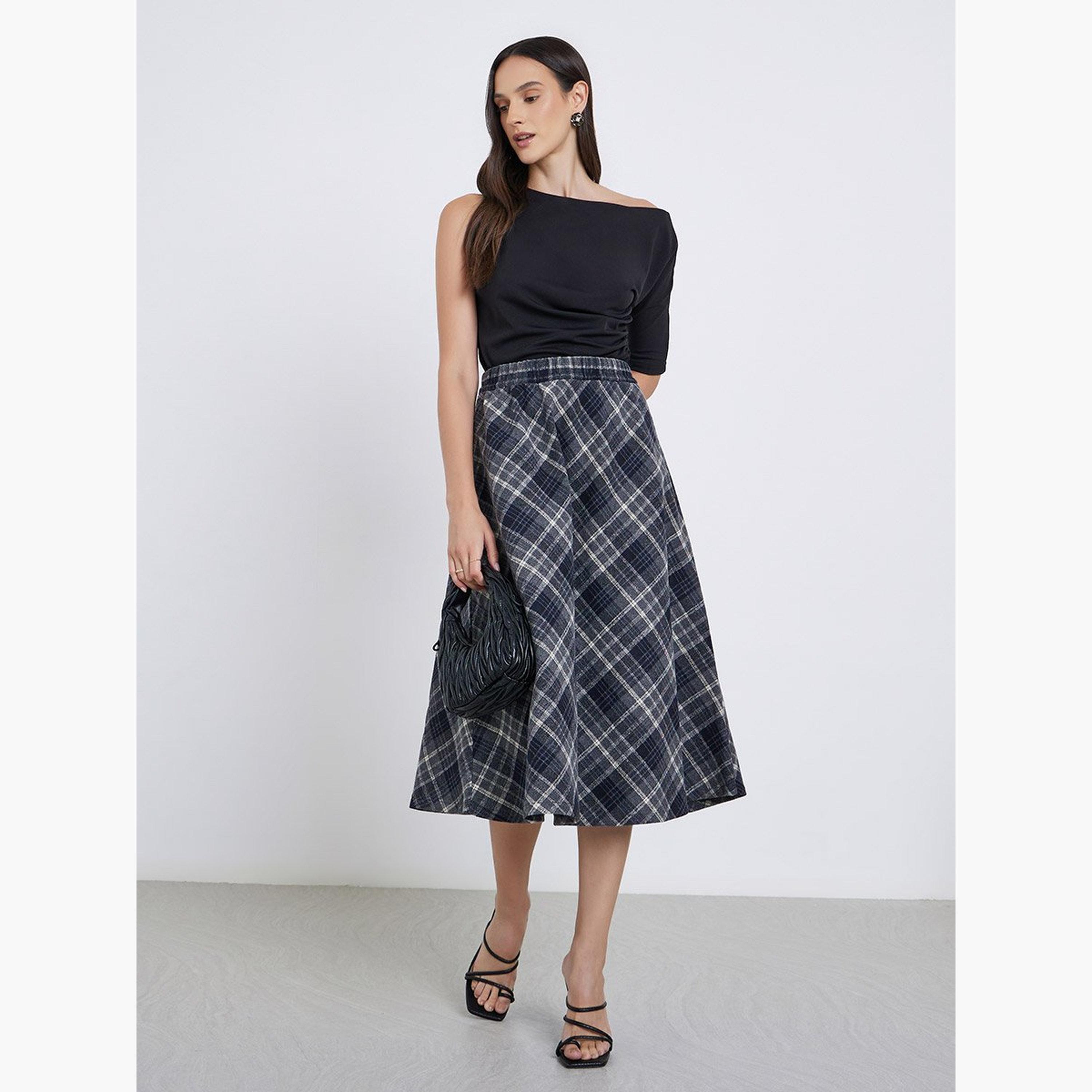 Styli Checked Elastic Waistband A-Line Midi Skirt-women-clothing-bottoms-skirts-image-2
