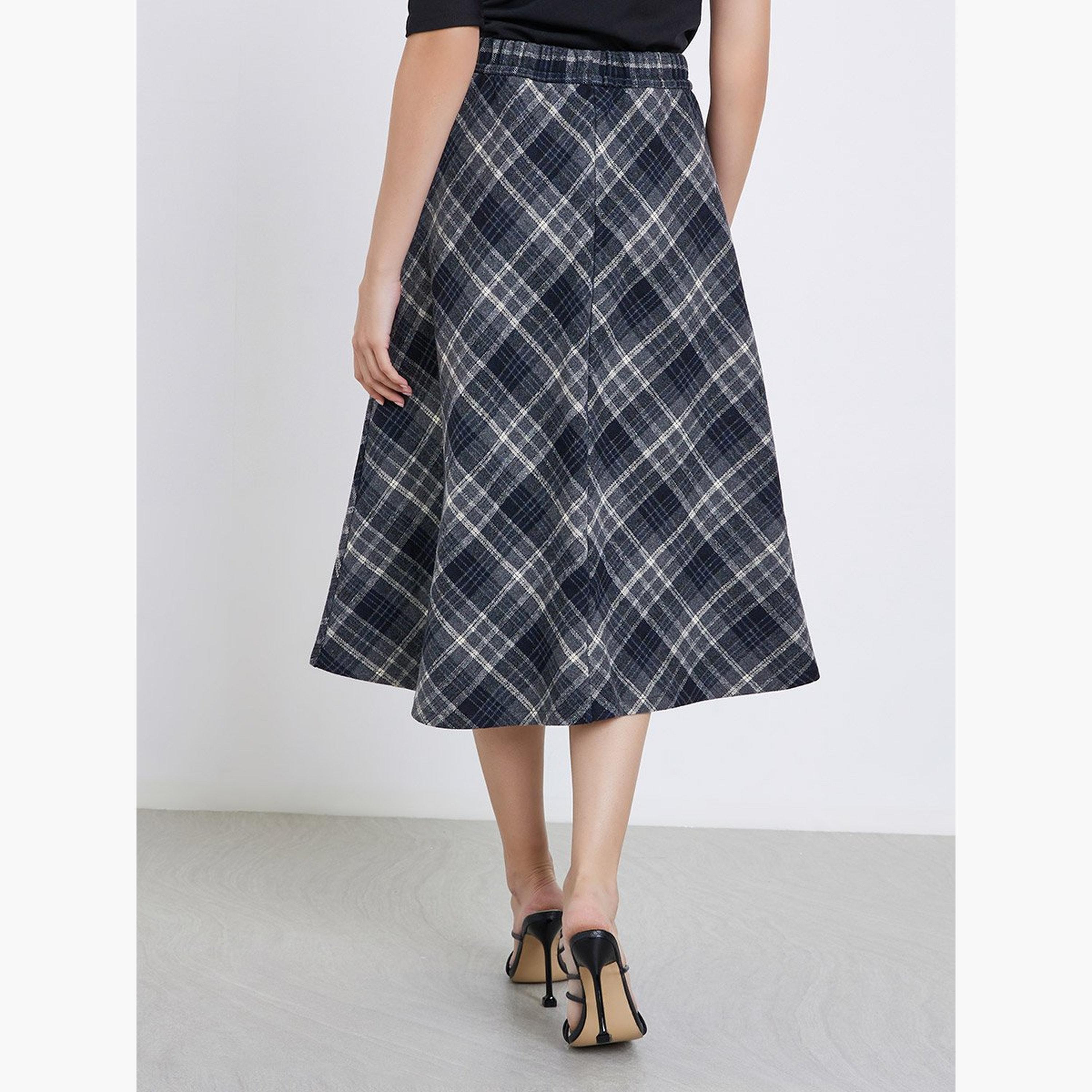 Styli Checked Elastic Waistband A-Line Midi Skirt-women-clothing-bottoms-skirts-image-4