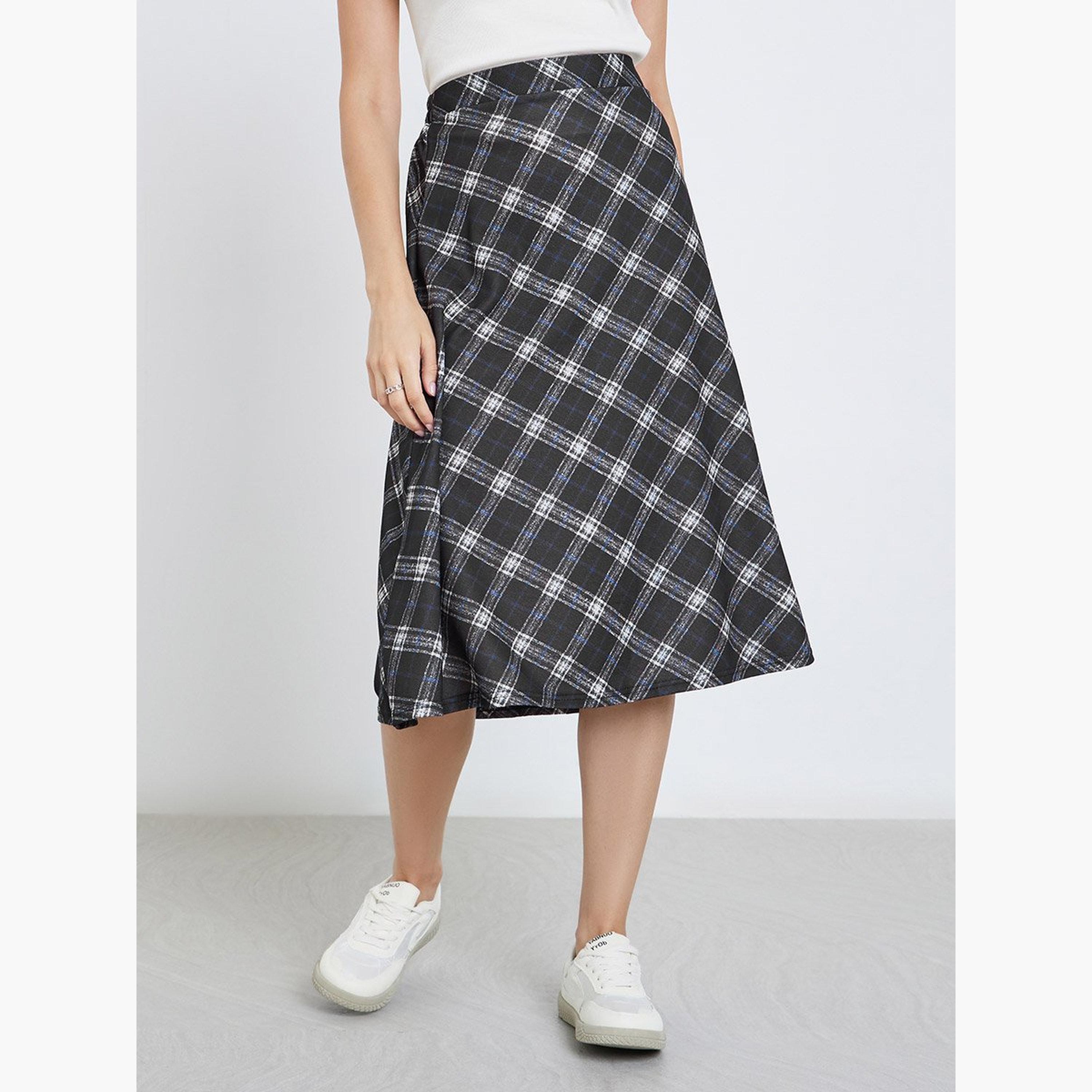 Styli Checked Print A-Line Midi Skirt-women-clothing-bottoms-skirts-image-1