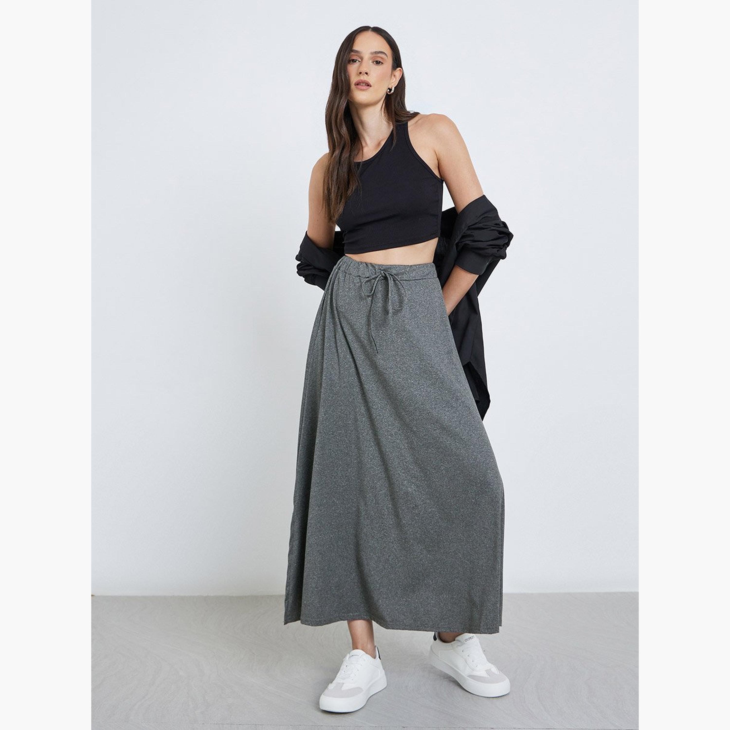 Styli Women Solid Midi Skirt with Drawstring-women-clothing-bottoms-skirts-image-2