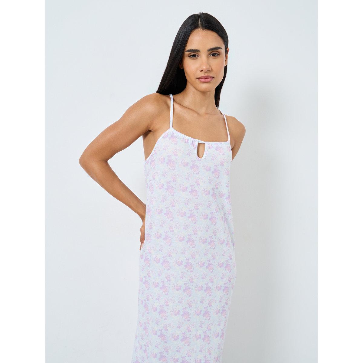 Styli Ditsy Print Front Gathered Keyhole Slip Dress-women-clothing-nightwear-nighties-image-2