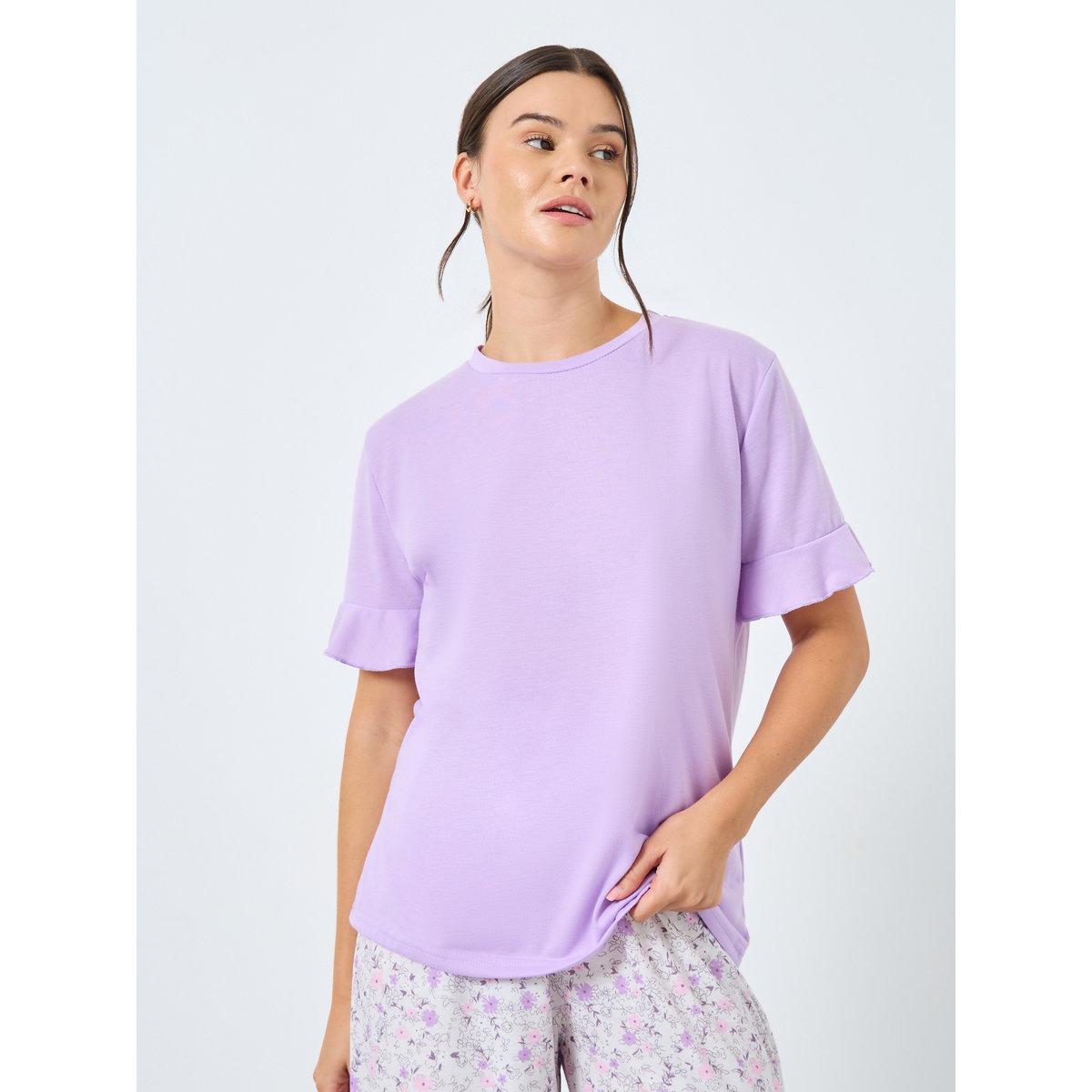 Styli Ruffle Sleeve Solid T-Shirt and Ditsy Floral Pyjama Set-women-clothing-nightwear-pyjamas-longsets-image-3