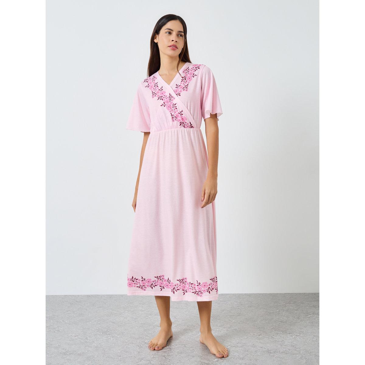 Styli Pink Floral Print Wrap Nightdress-women-clothing-nightwear-nighties-image-1