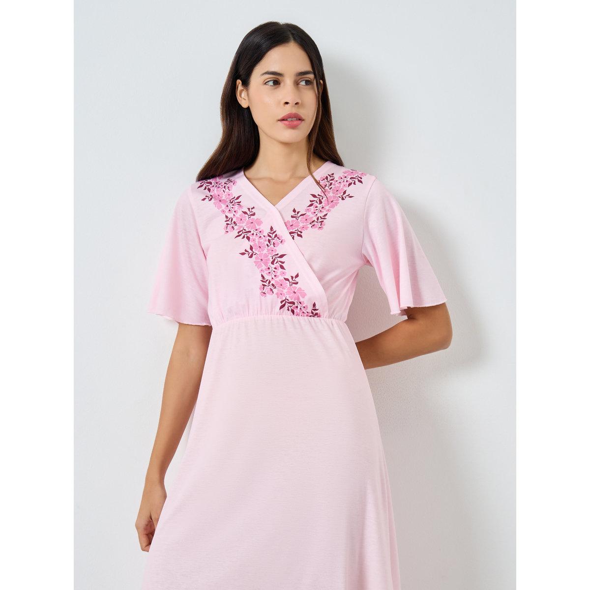 Styli Pink Floral Print Wrap Nightdress-women-clothing-nightwear-nighties-image-2